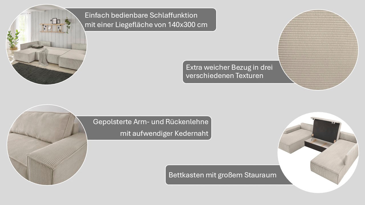 Home affaire Wohnlandschaft »SHERWOOD U-Form, 329 cm - OTTO. Verlässliche Qualität.« Schlaffunktion m. Bettkasten (194x139 cm), Cord, Vintage, Samtvelours