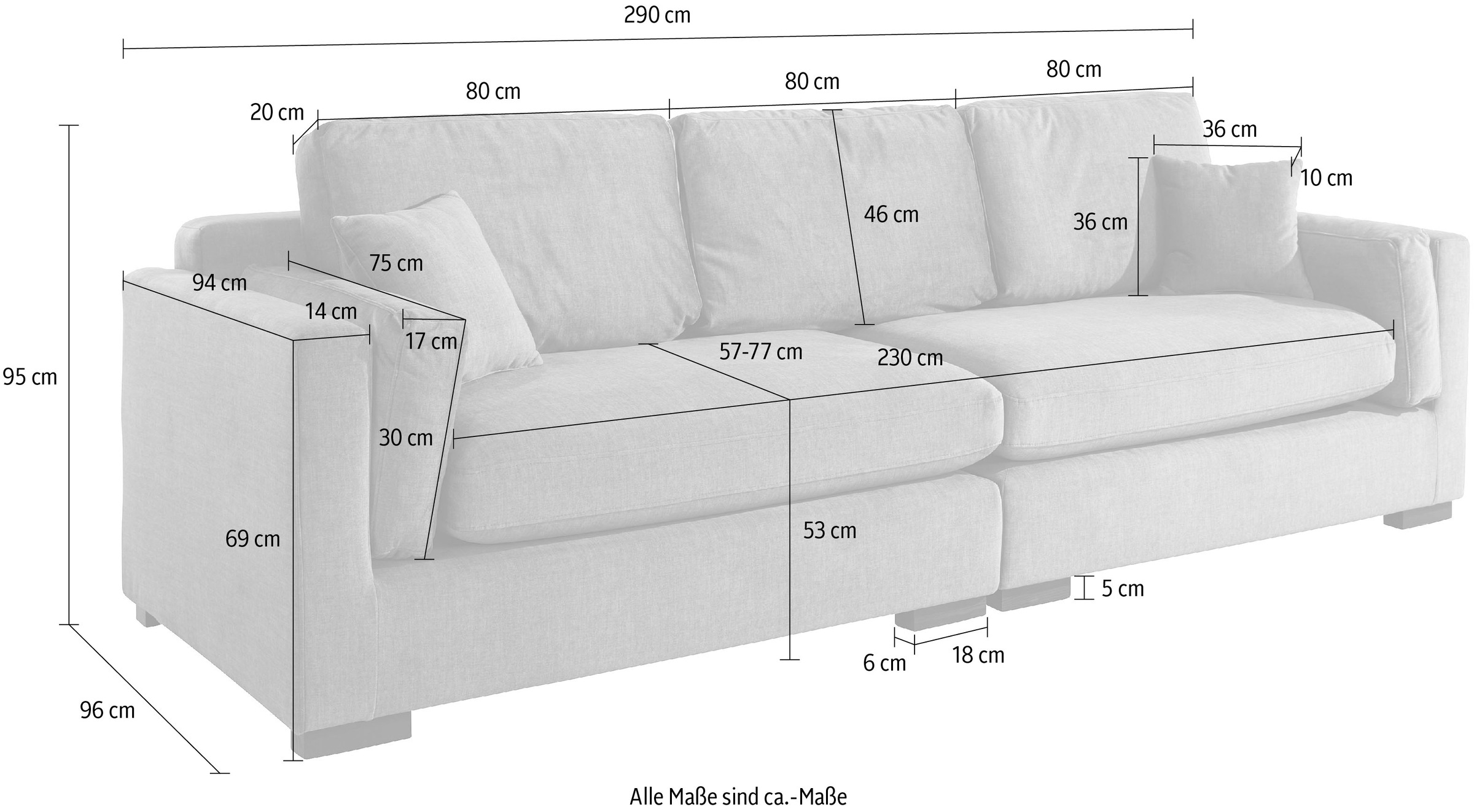 Home affaire Big-Sofa »Fresh Pond«, in vielen Bezugsqualitäten und Farben, B/T/H: 290/96/95 cm