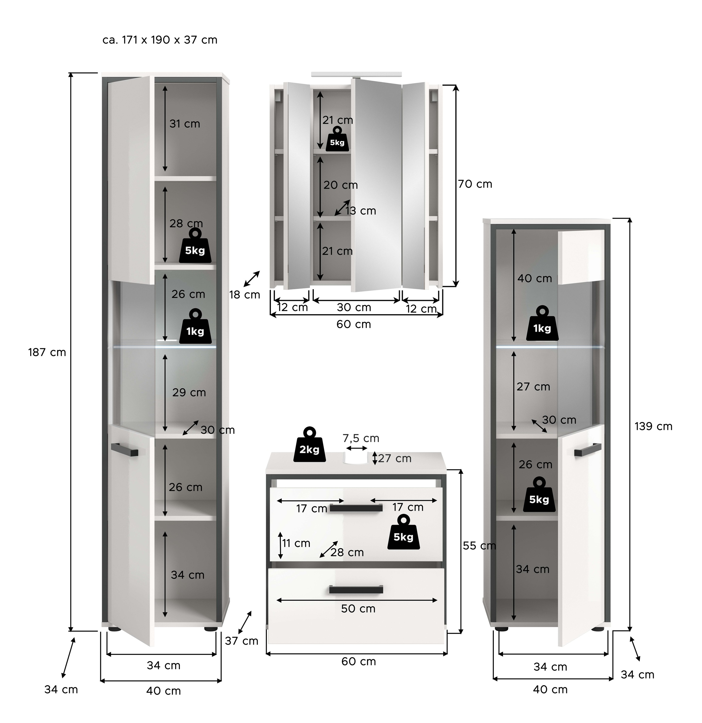 welltime Badmöbel-Set »KAJO, 4-tlg. Badkombination, weiß hochglanz inkl.Beleuchtung« Set, Set, best. aus:Hochschrank,Midischrank,WBU,Spiegelschrank,Beleuchtung, 7 Stk. tlg.