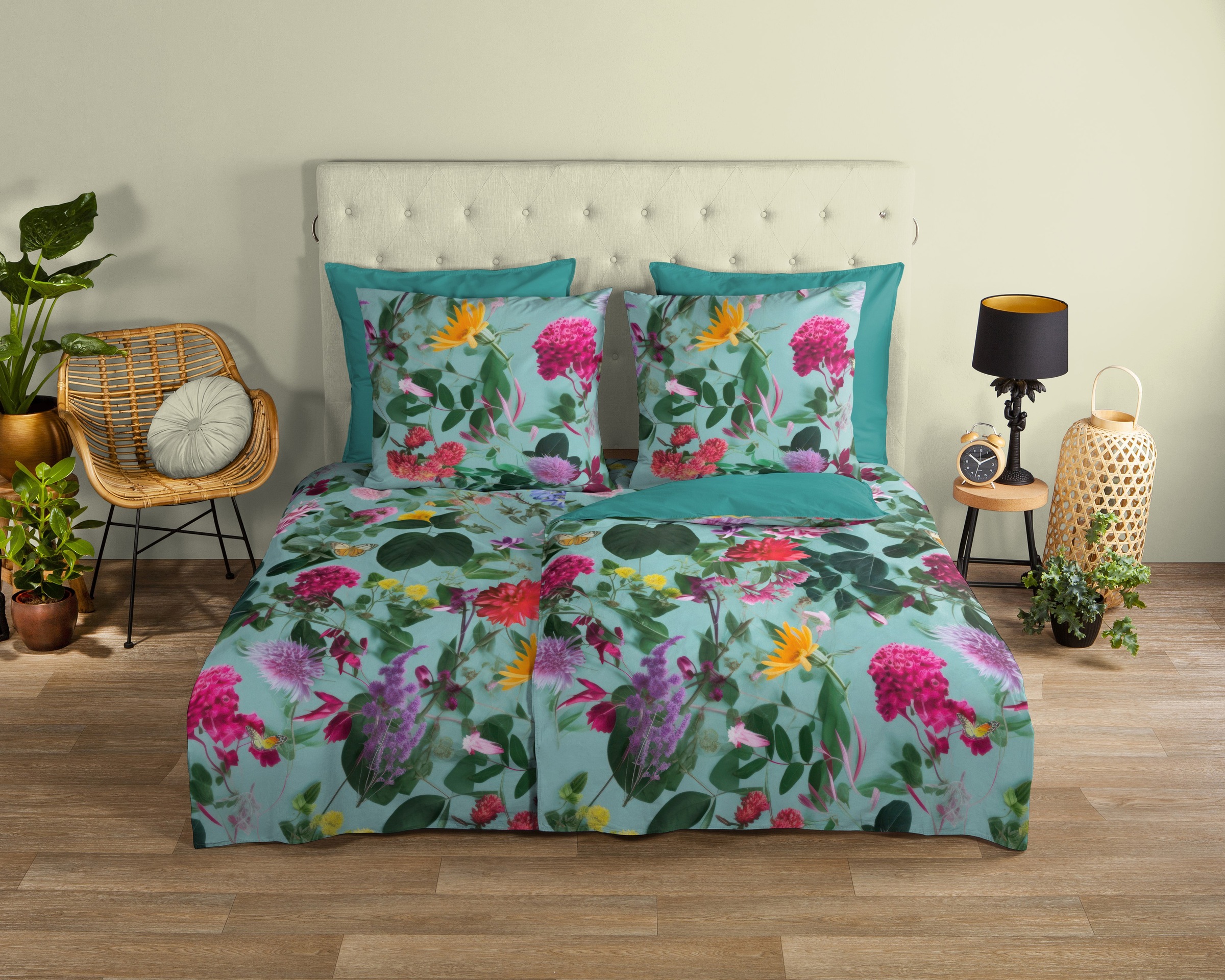 good morning Wendebettwäsche »Imma«, 100% Baumwolle, Renforcé, Reißverschluss, Wendeoptik, Blumen, Aqua