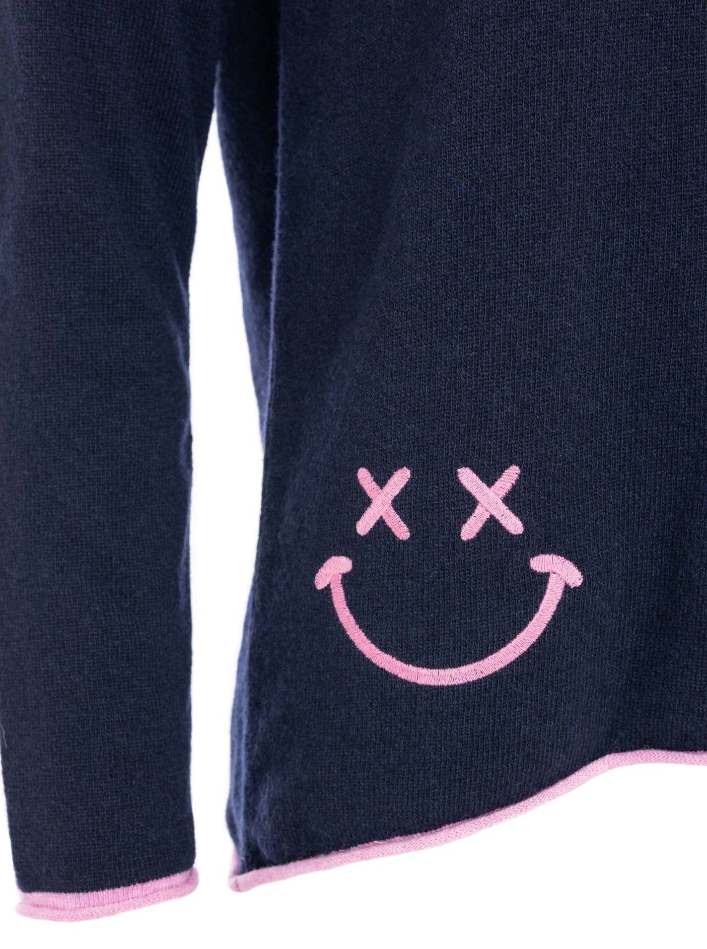 Zwillingsherz Rundhalspullover »"Happy Face"« Stickerei, aufgerollte kontrastfarbige Bündchen