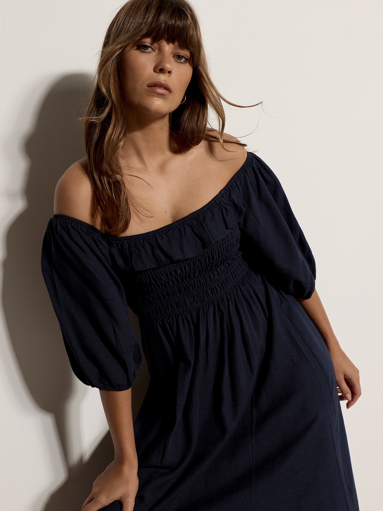 Apricot Maxikleid »Langes Kleid mit Bardot-Ausschnitt« mit Raffungen