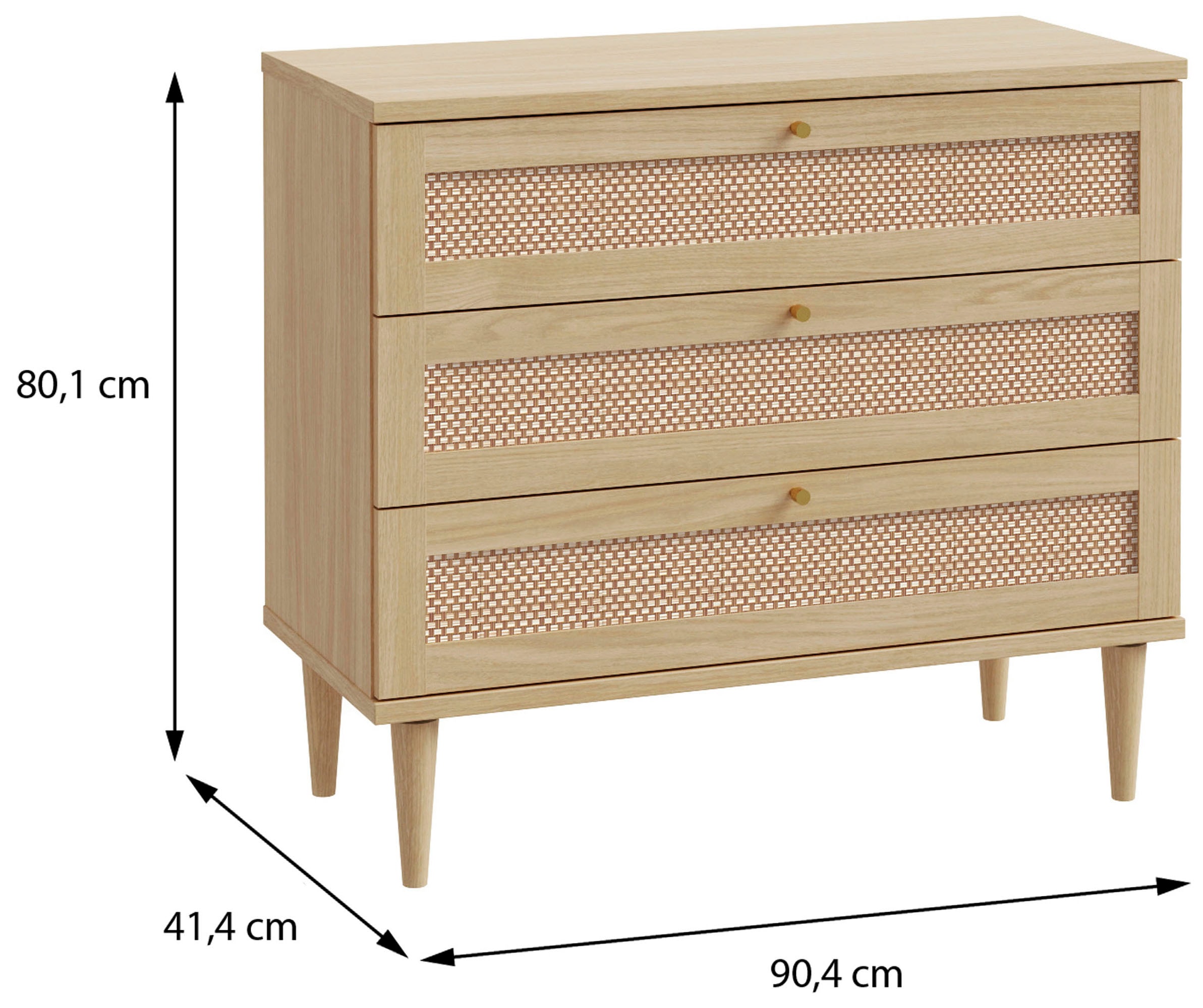 OTTO home Kommode »ELLIAN mit Geflechtoptik warmes Holzdekor, 3 Schubkästen« Holzfüße, Metallgriffe, Made in EU, viel Stauraum