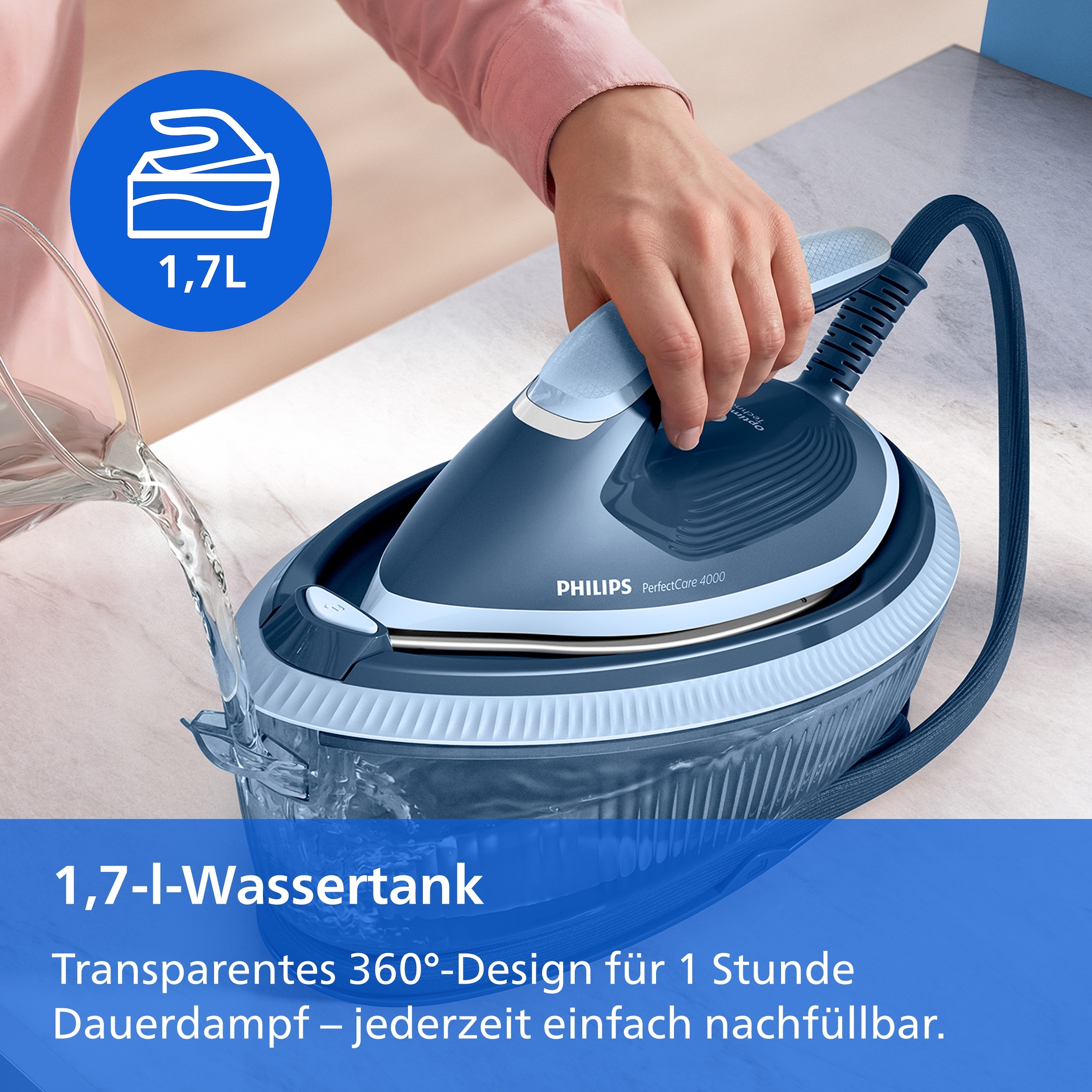 Philips Dampfbügelstation »4000 Series PSG4020/20, dunkelblau« 1.700 ml Wassertank 2.400 Watt, Vertikaldampf, SteamGlide Plus Bügelsohle, 450gr Dampfstoß