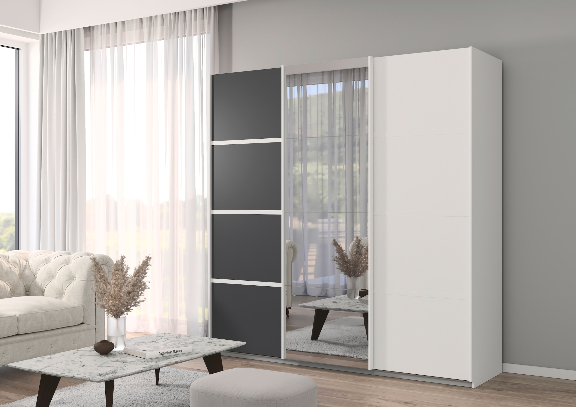 rauch Kleiderschrank »Schwebetürenschrank OTTO´s Choice Garderobe Schrank TOP ANGEBOT Avola«, (in 3 verschiedenen Ausstattungen BASIC/CLASSIC/PREMIUM inkl. Spiegel), mit eleganten Zierleisten in Chrom, Schwarz oder Weiß MADE IN GERMANY