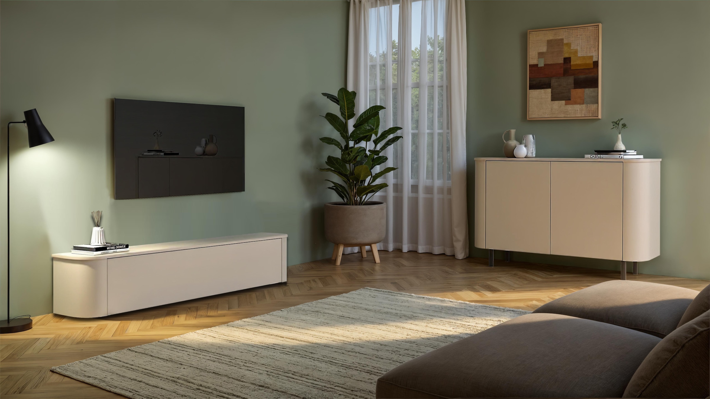 OTTO home Lowboard »Lido, 181 cm breit, 1 Klappe, TV-Schrank, TV-Kommode, Medienboard« Formgebogenes MDF, Stirnseiten Rundung, Push-to-open, hängend/stehend