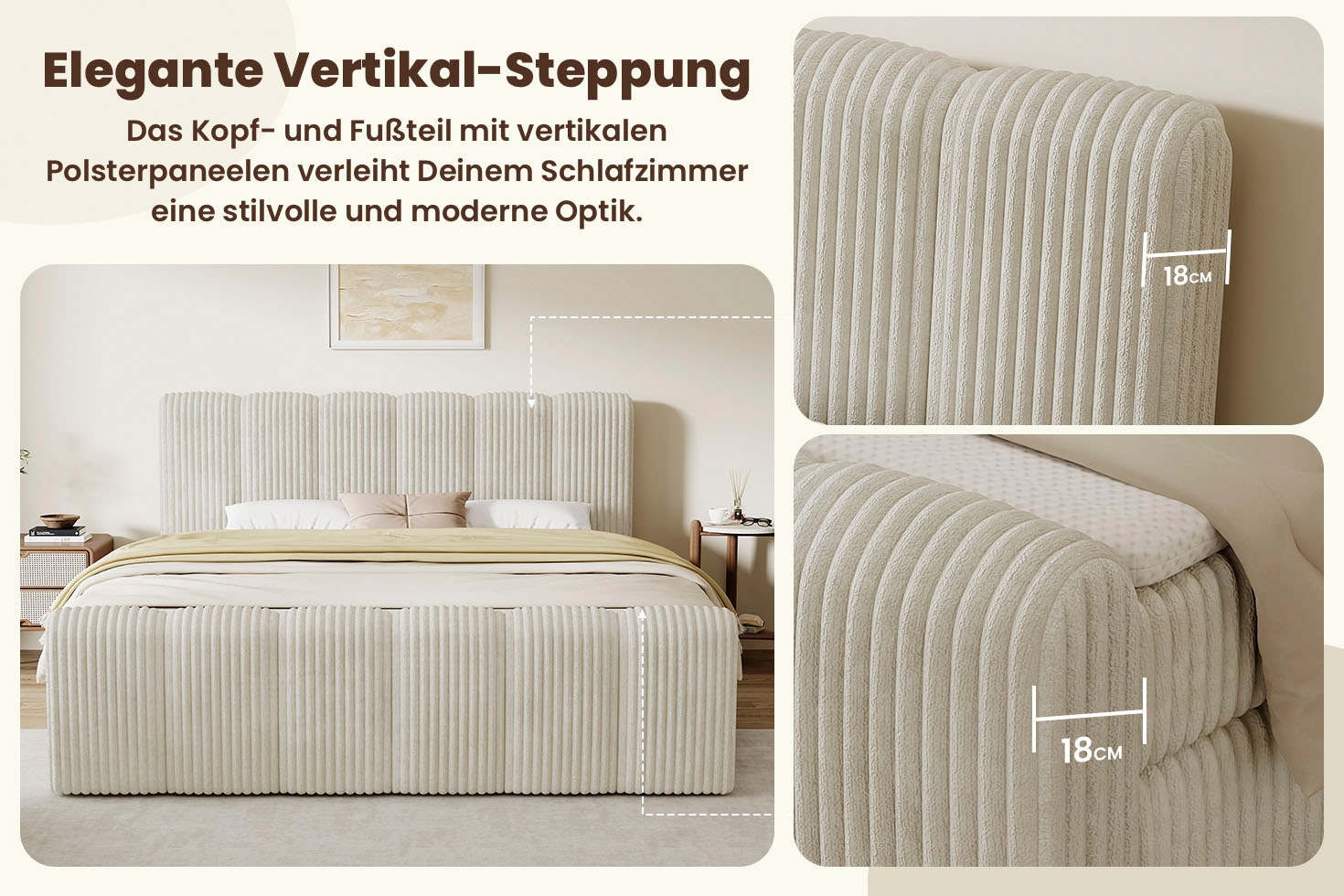 OTTO home Boxbett »SIVVA, Polsterbett mit Bettkasten, inkl. Taschenfederkernmatratze H3« mit Kaltschaumtopper, flauschiger Breit-Cord-Bezug, 180x200 cm