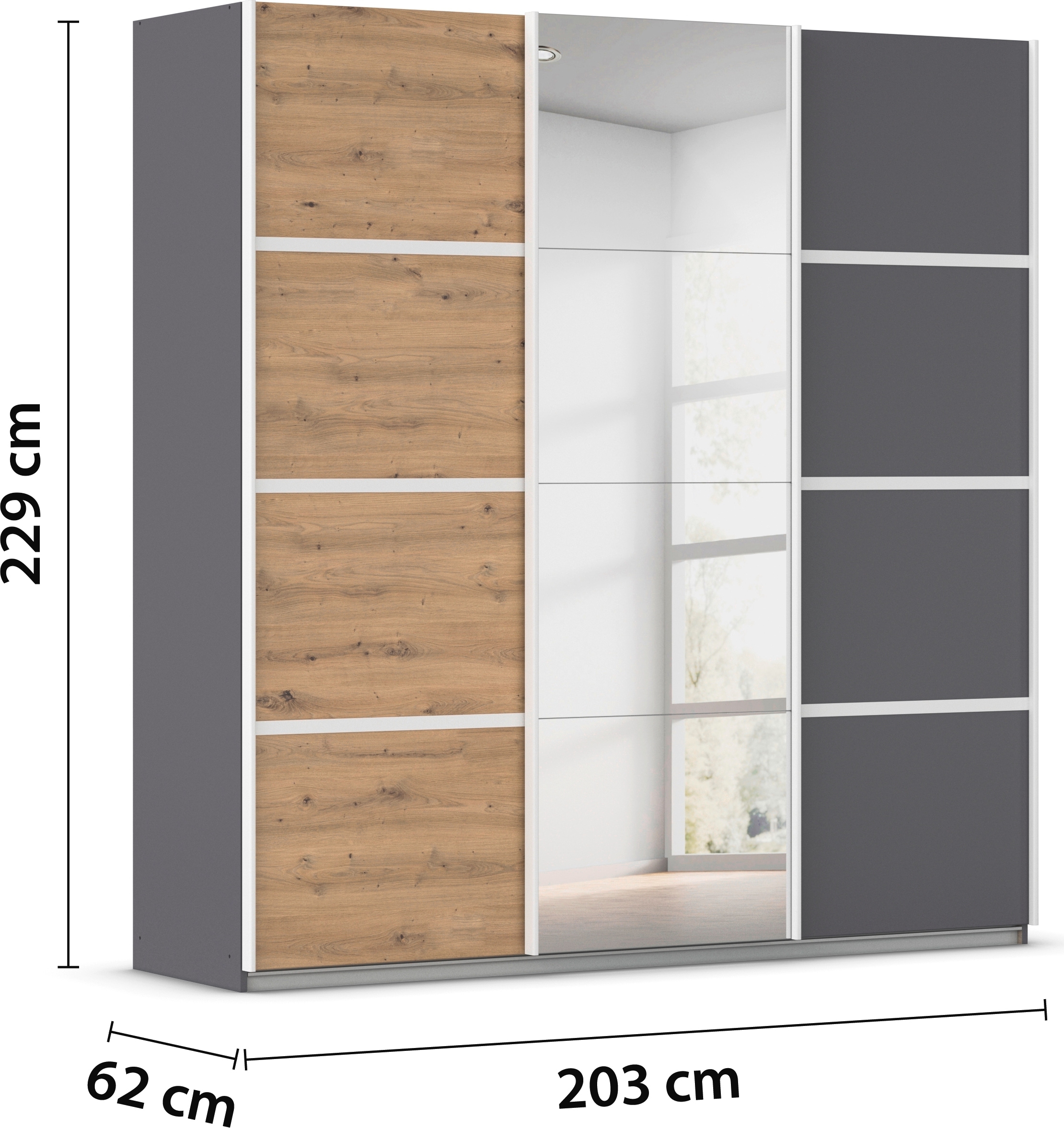 rauch Kleiderschrank »Schwebetürenschrank Garderobe Schrank TOP ANGEBOT Avola«, (in 3 verschiedenen Ausstattungen BASIC/CLASSIC/PREMIUM inkl. Spiegel), mit eleganten Zierleisten in Chrom, Schwarz oder Weiß MADE IN GERMANY