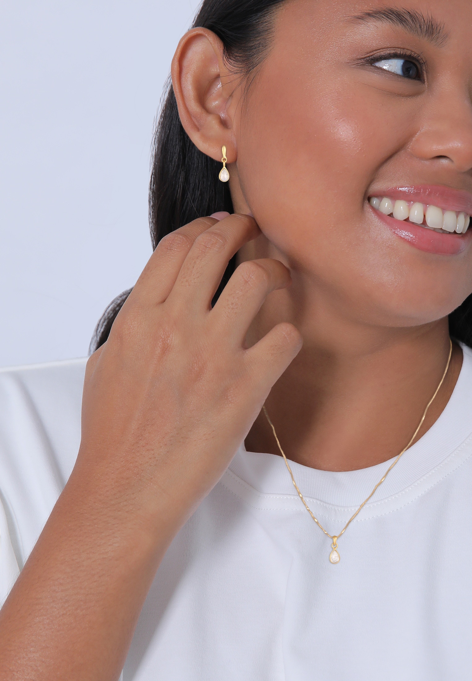 Elli Premium Ohrring und Ketten Set »Schmuckset Mondstein Kette Ohrhänger 925 Silber vergoldet«