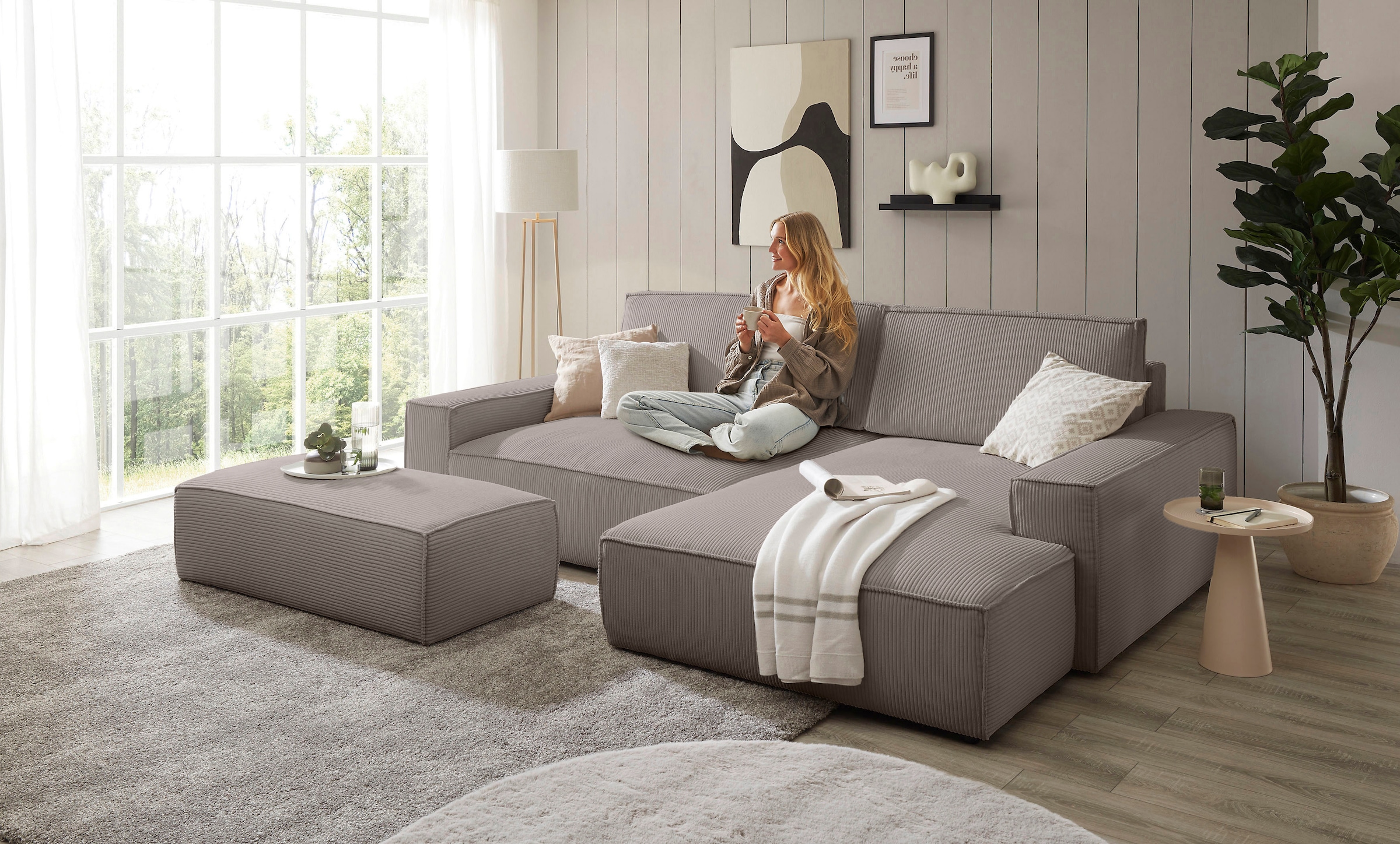 Home affaire Polsterecke »NEU: SHERWOOD XXL tief, L-Form mit Schlaffunktion, Big-Sofa mit Hocker«, (Set, 2 St.), stellbar zum Schlafsofa (Krokodilverbinder), Cord, Leinenoptik