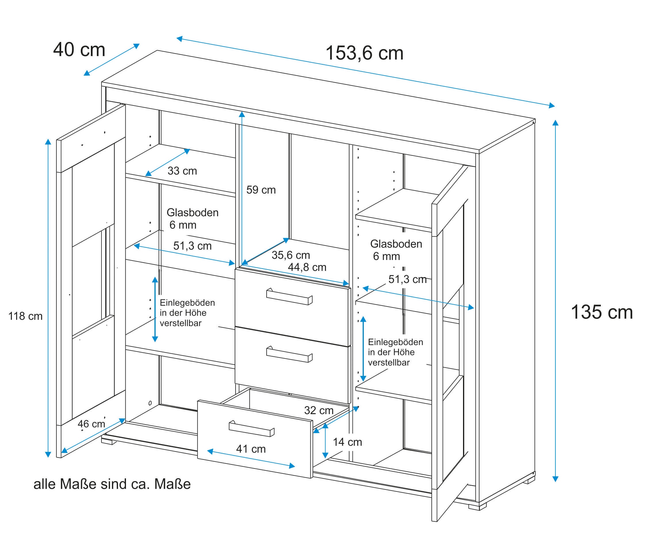 VOGL Möbelfabrik Highboard, Breite 154 cm, Teilmassivholz, Made in Germany