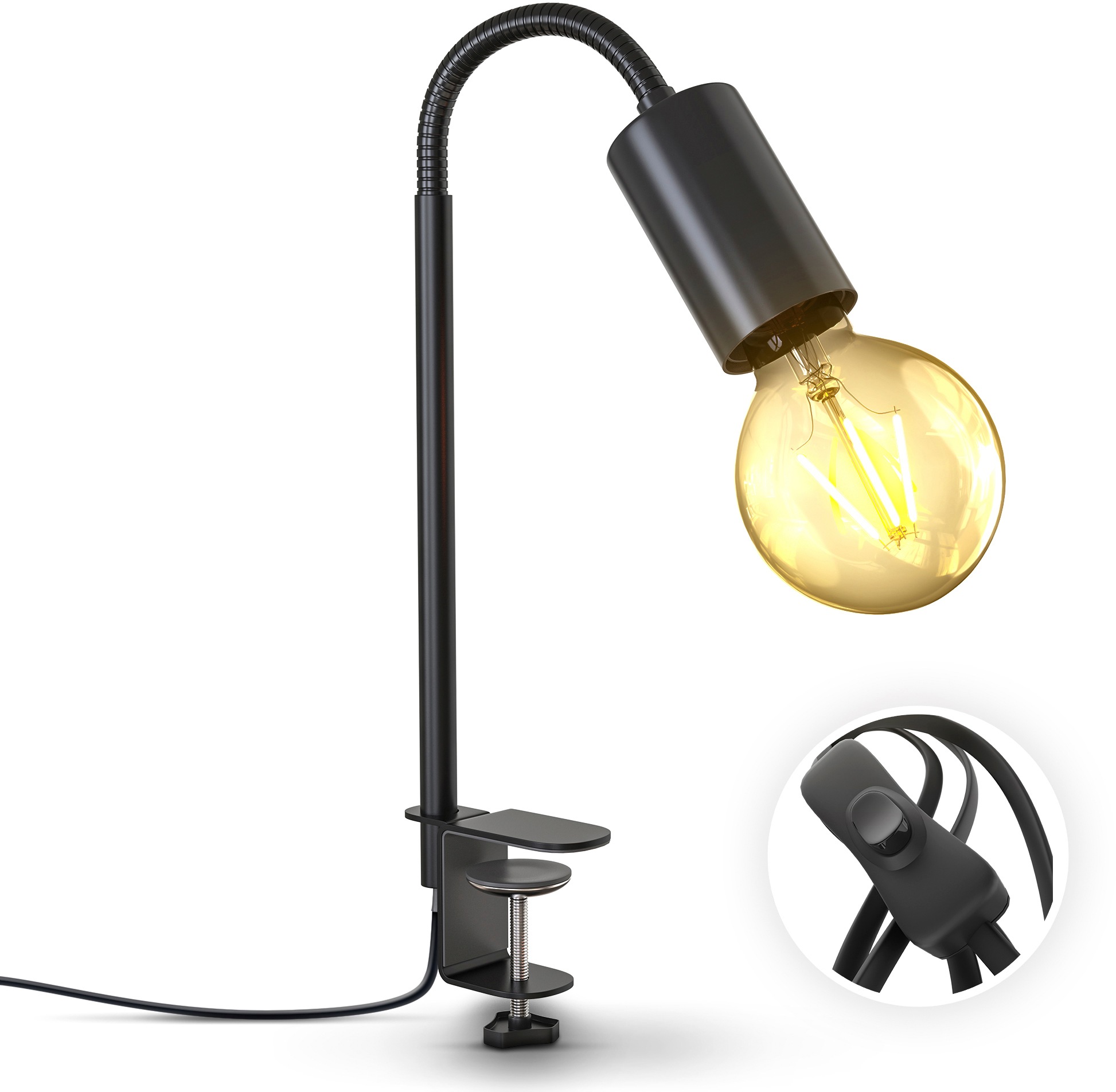 B.K.Licht Klemmleuchte  für Leuchtmittel E27, max. 10 Watt (ohne Leuchtmittel), inkl. Flexarm, Kabelschalter und Schraubklemme
