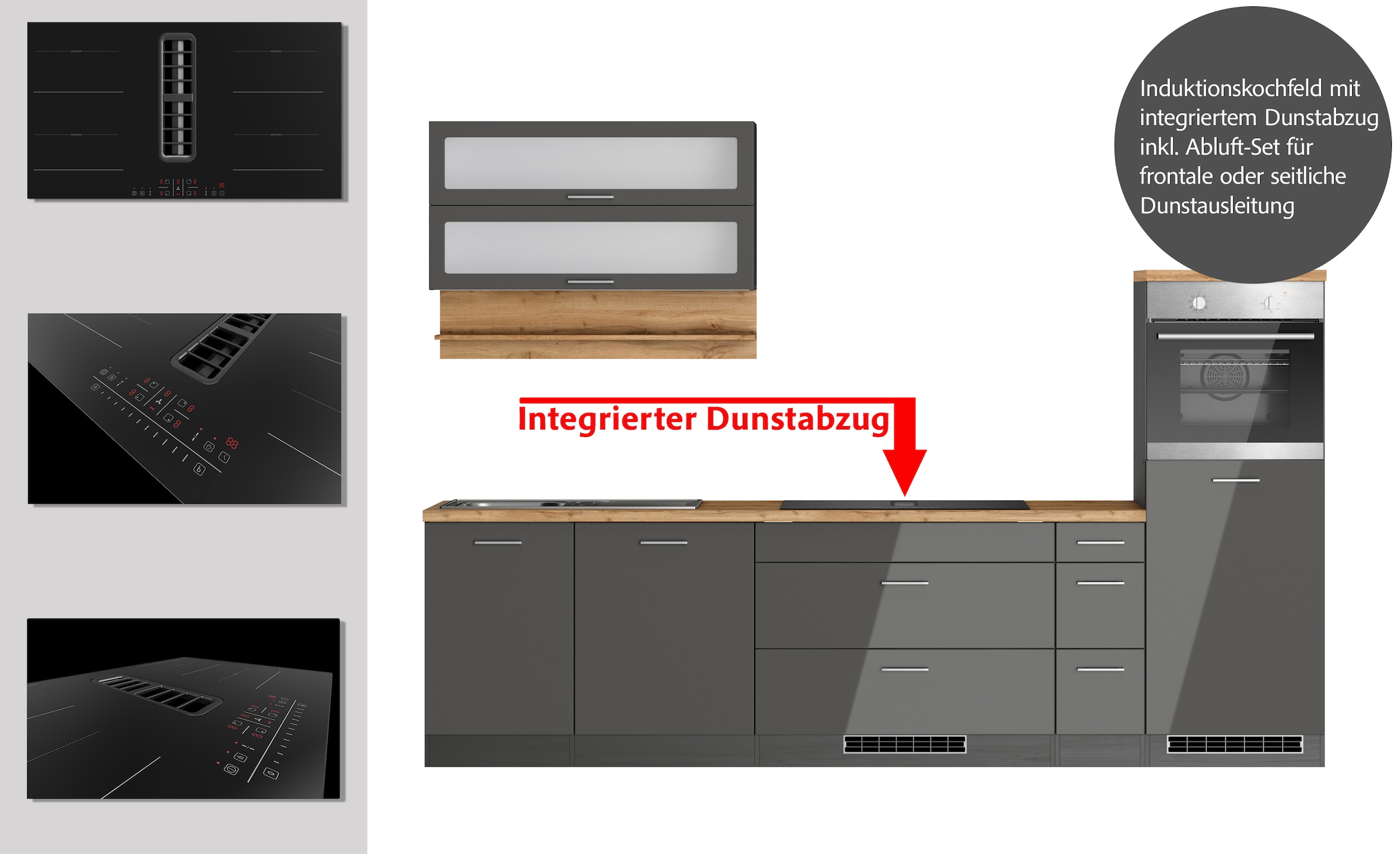 KOCHSTATION Küchenzeile »KS-Milan, optional mit Muldenlüfter«, Breite 300 cm, wahlweise mit E-Geräten, Kochfeld mit Dunstabzug