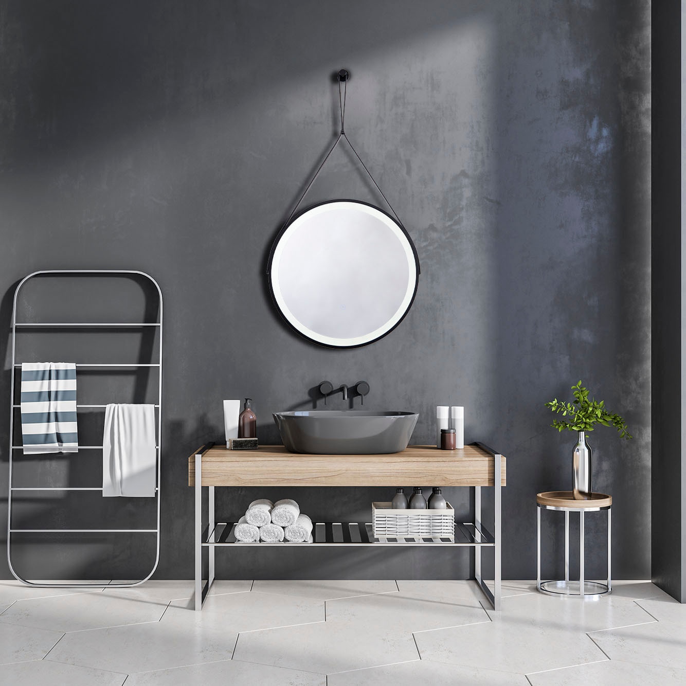 Paco Home Wandleuchte »IVY«, LED Backlight Rund 50cm IP44 Touch Kunstleder-Aufhängung