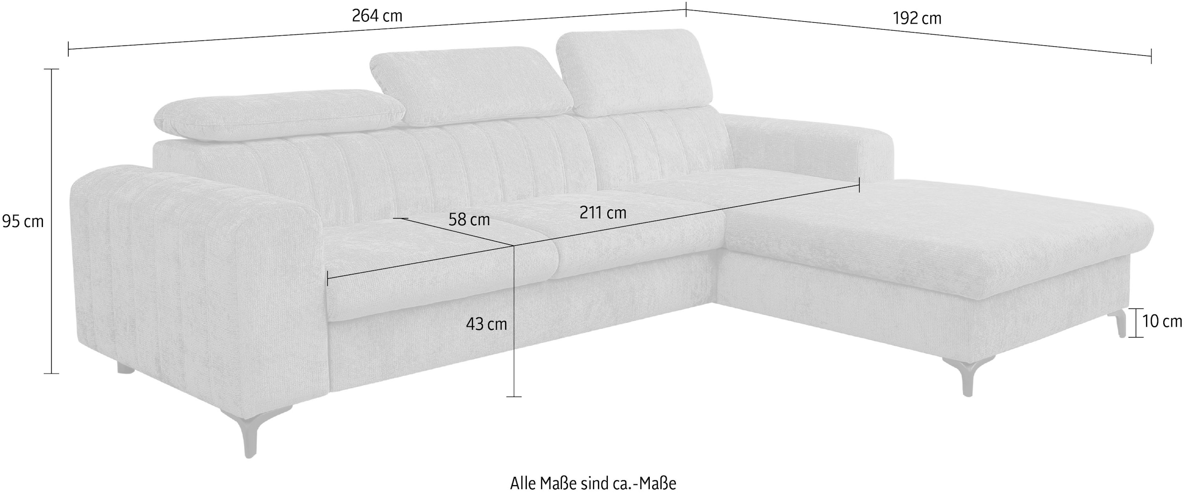 WERK2 Ecksofa »Foster L-Form mit Schlaffunktion und Bettkasten, 264 cm breit« 3 verstellbare Kopfstützen & Pfeifensteppung im Retro-Look