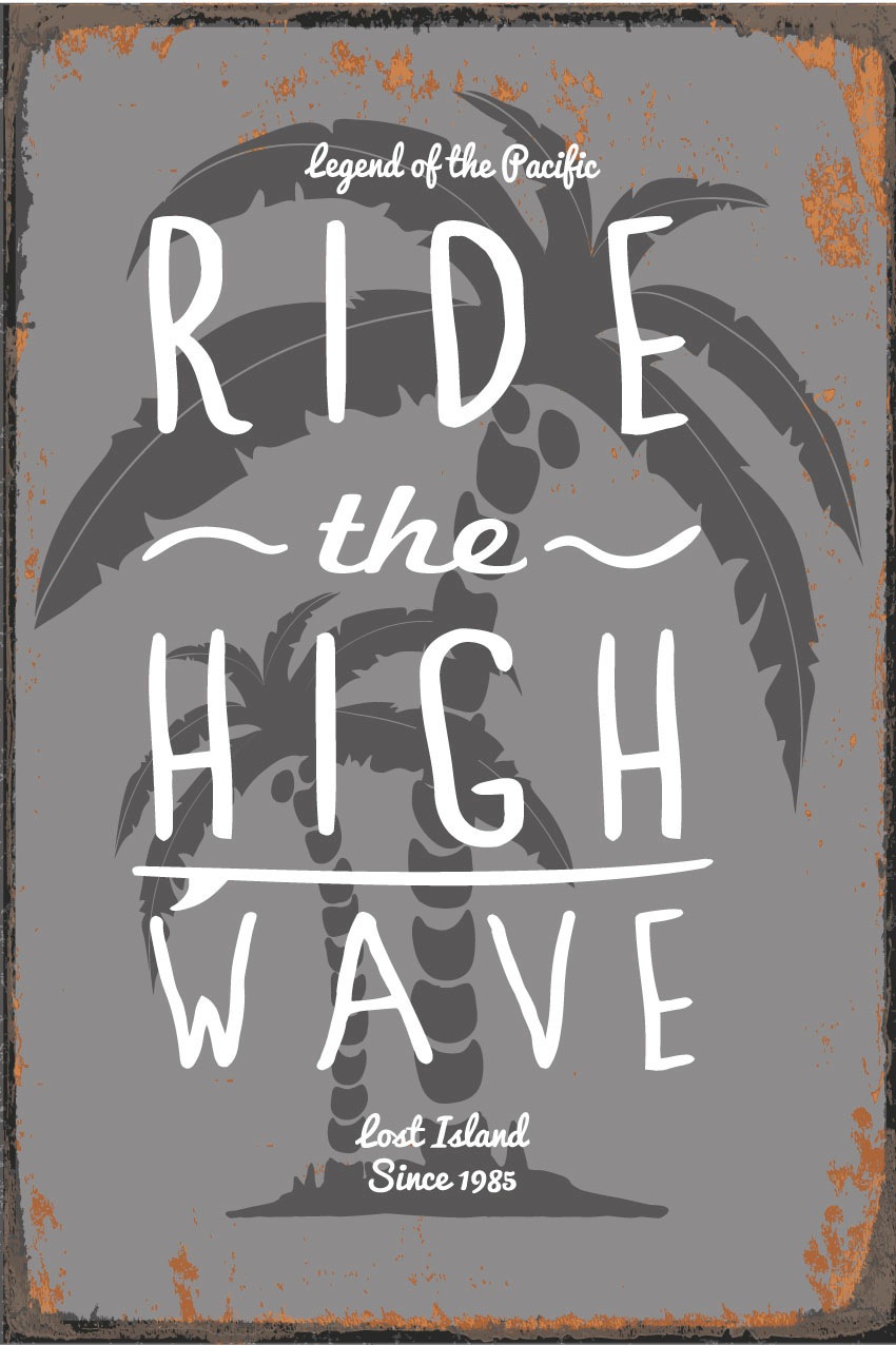 queence Metallbild »High Wave«, Schriftzüge-Schriftzug-Strand, (1 St.), Stahlschild, Blechschild, Surfer, Texte, Fernweh