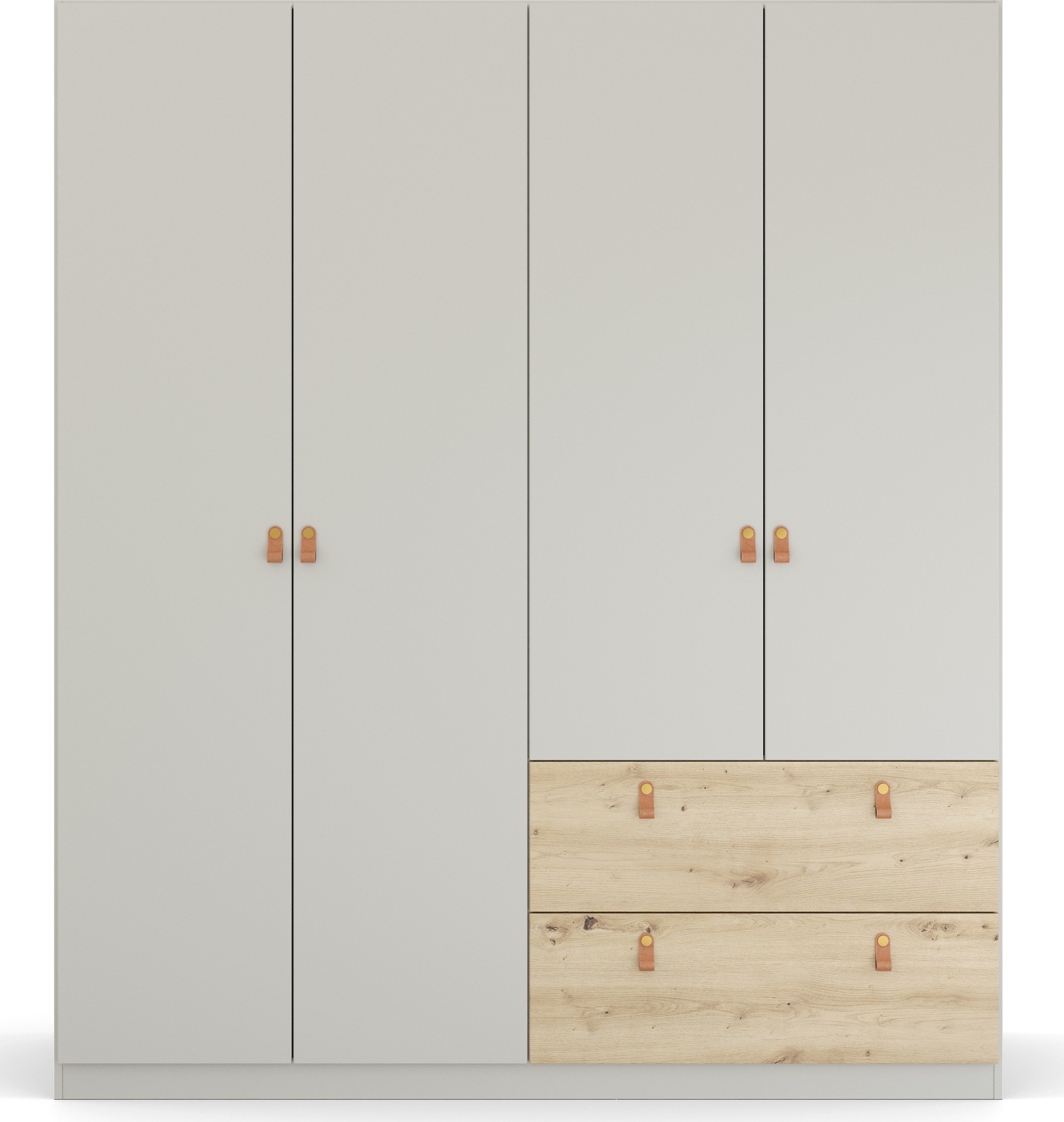 rauch Drehtürenschrank »Homey by Quadra Spin« mit cognacbraunen Ledergrifflaschen, Schubladen in Eichen-Dekor