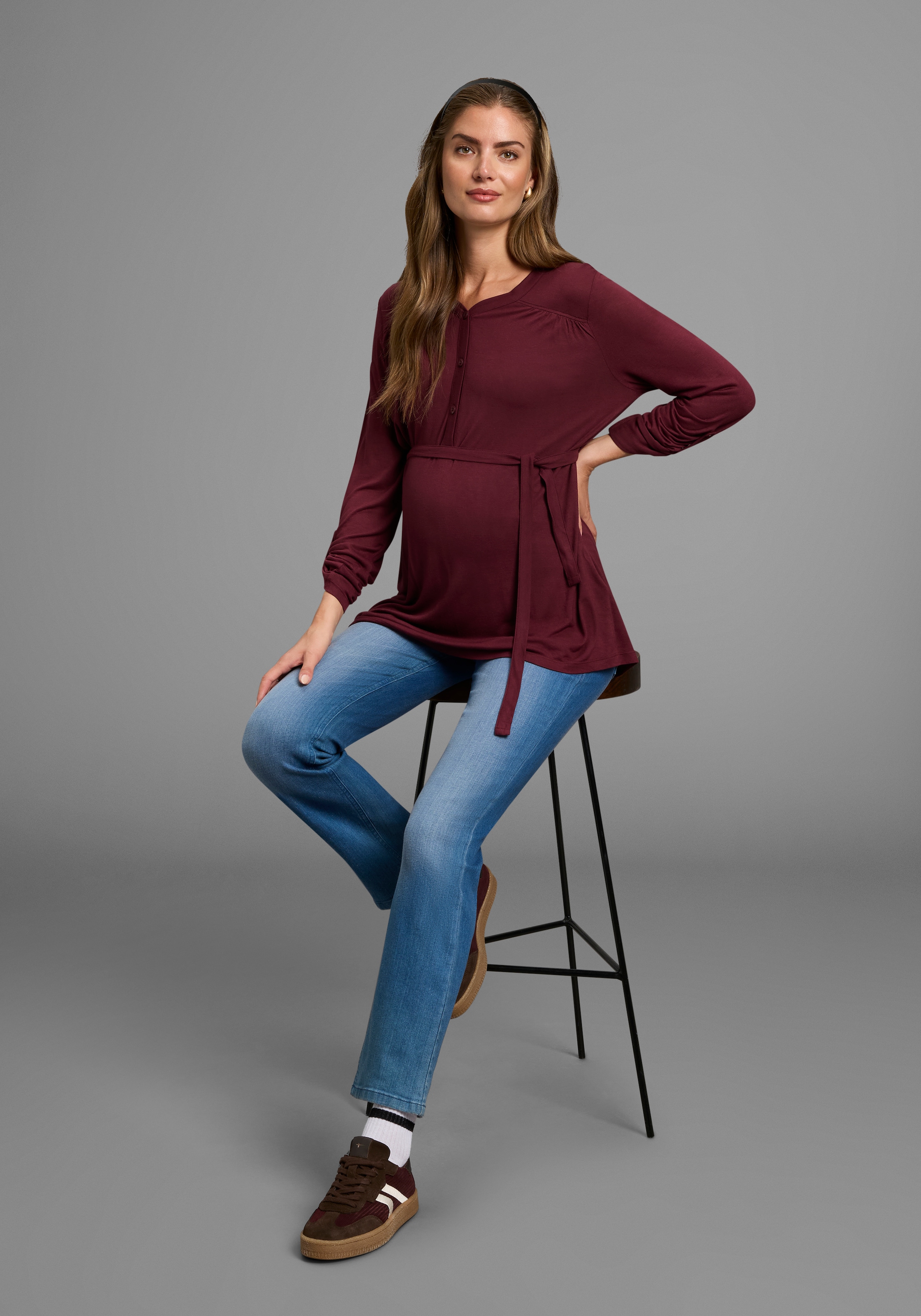 Neun Monate Umstandsshirt »Jersey-Bluse mit Bindegürtel« Viskose Umstands-Bluse praktisch für Schwangerschaft und danach