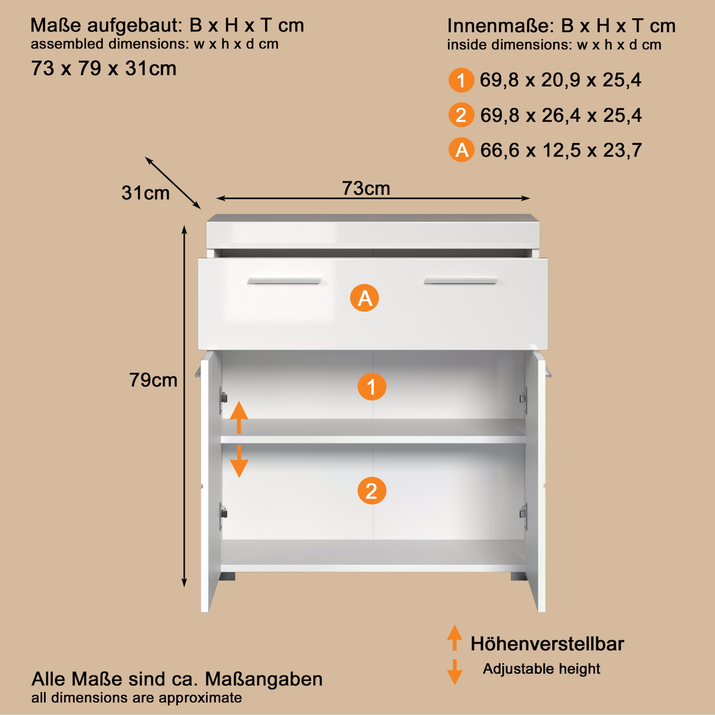 welltime Unterschrank »Avena«, Standschrank mit 2 Türen, 1 Schublade - (B/T/H) 73/31/79 cm