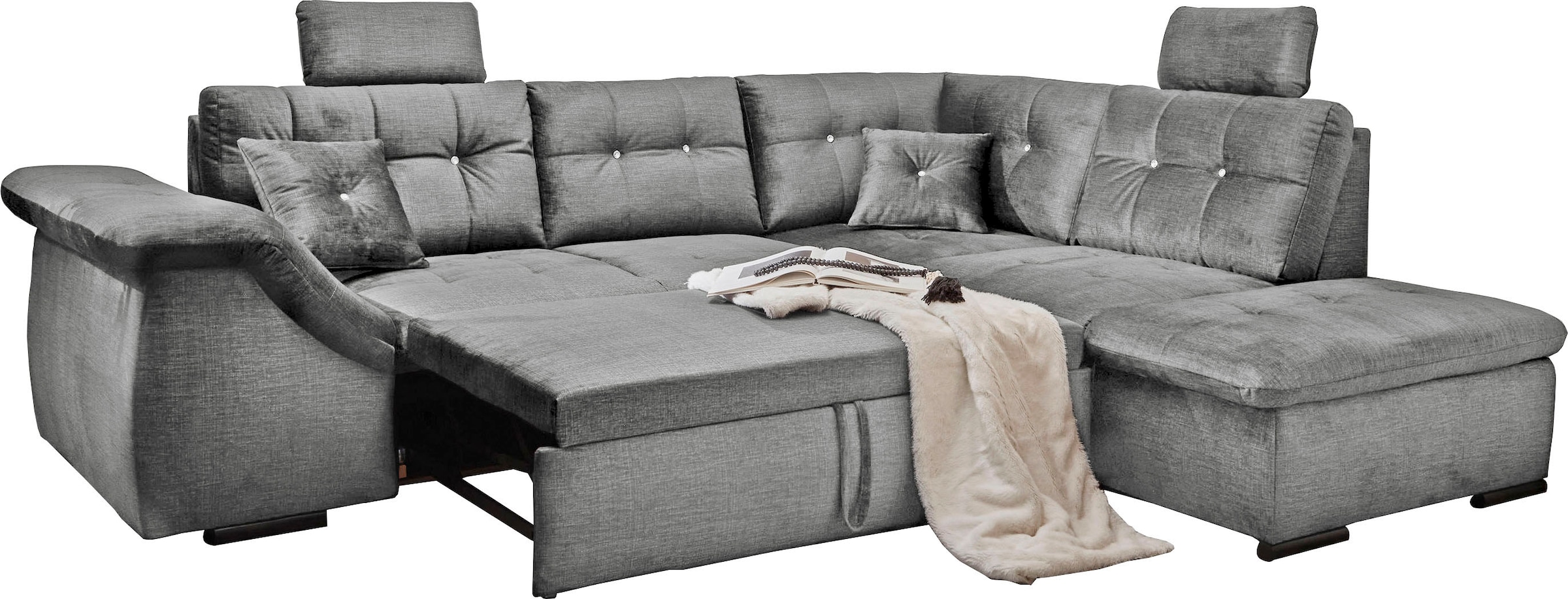 ED EXCITING DESIGN Ecksofa »Bolonia L-Form«, mit Bettfunktion, Bettkasten, Kopfstützen & 2 Zierkissen, Strasstein