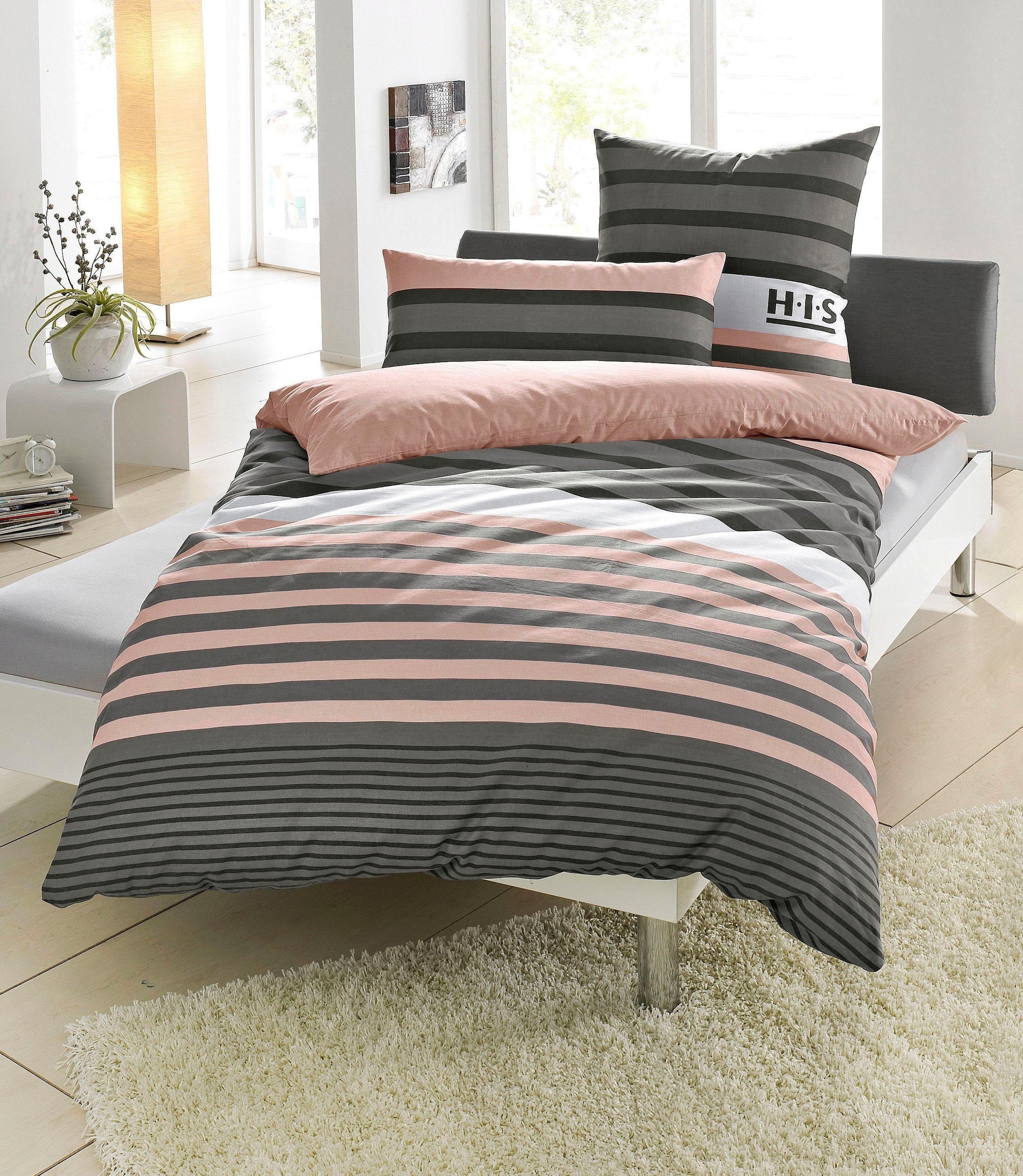 H.I.S Bettwäsche »Majoran«, im Streifen Design, 100% Baumwolle, Bettwäsche in Größe 135x200, 155x220 und 200x200 cm, Bettwäsche-Set in Linon oder Biber-Qualität. Mit Knöpfen