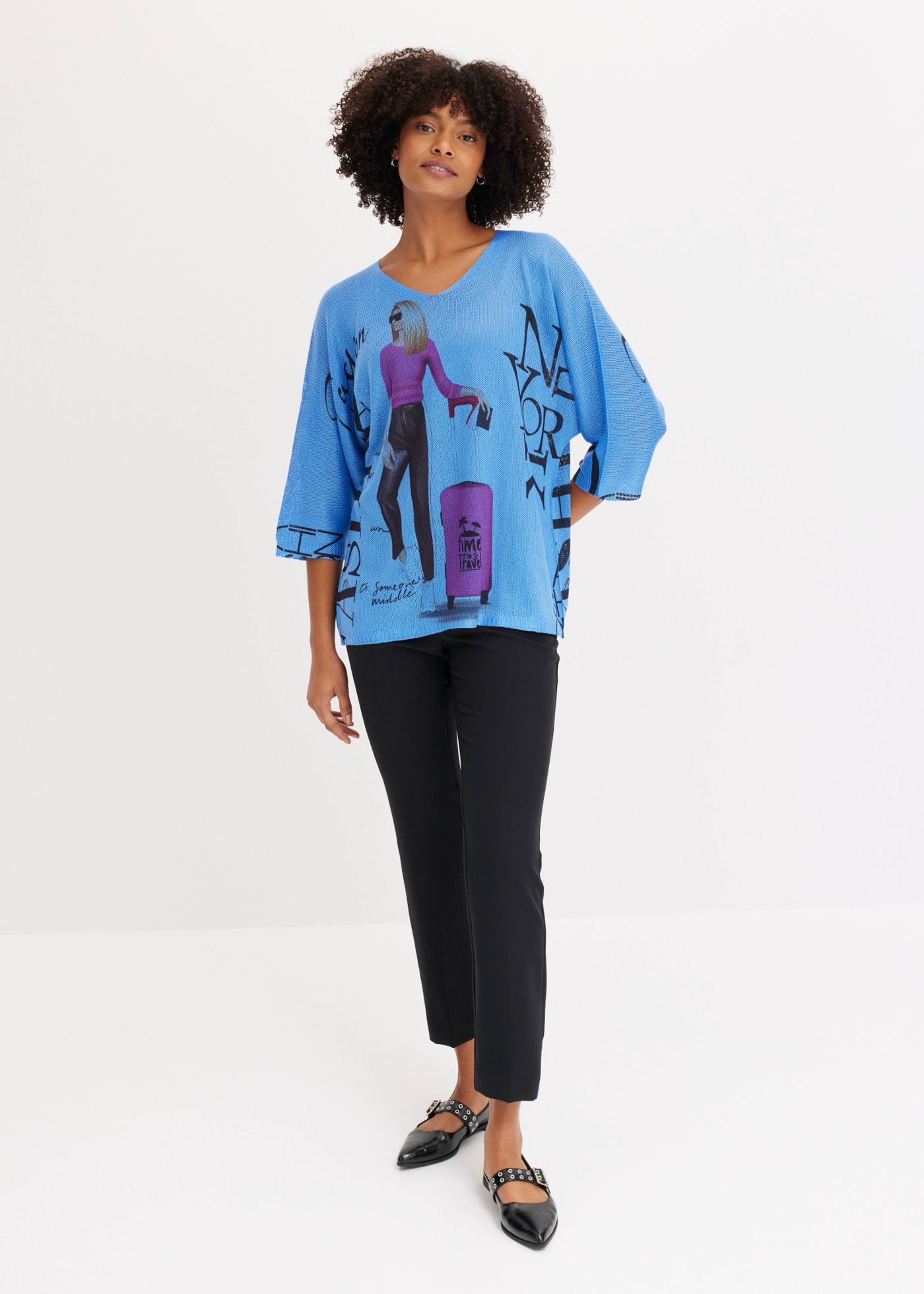 bonprix Strickpullover 3/4-Fledermausärmel, cooler Alloverprint, bequeme Passform