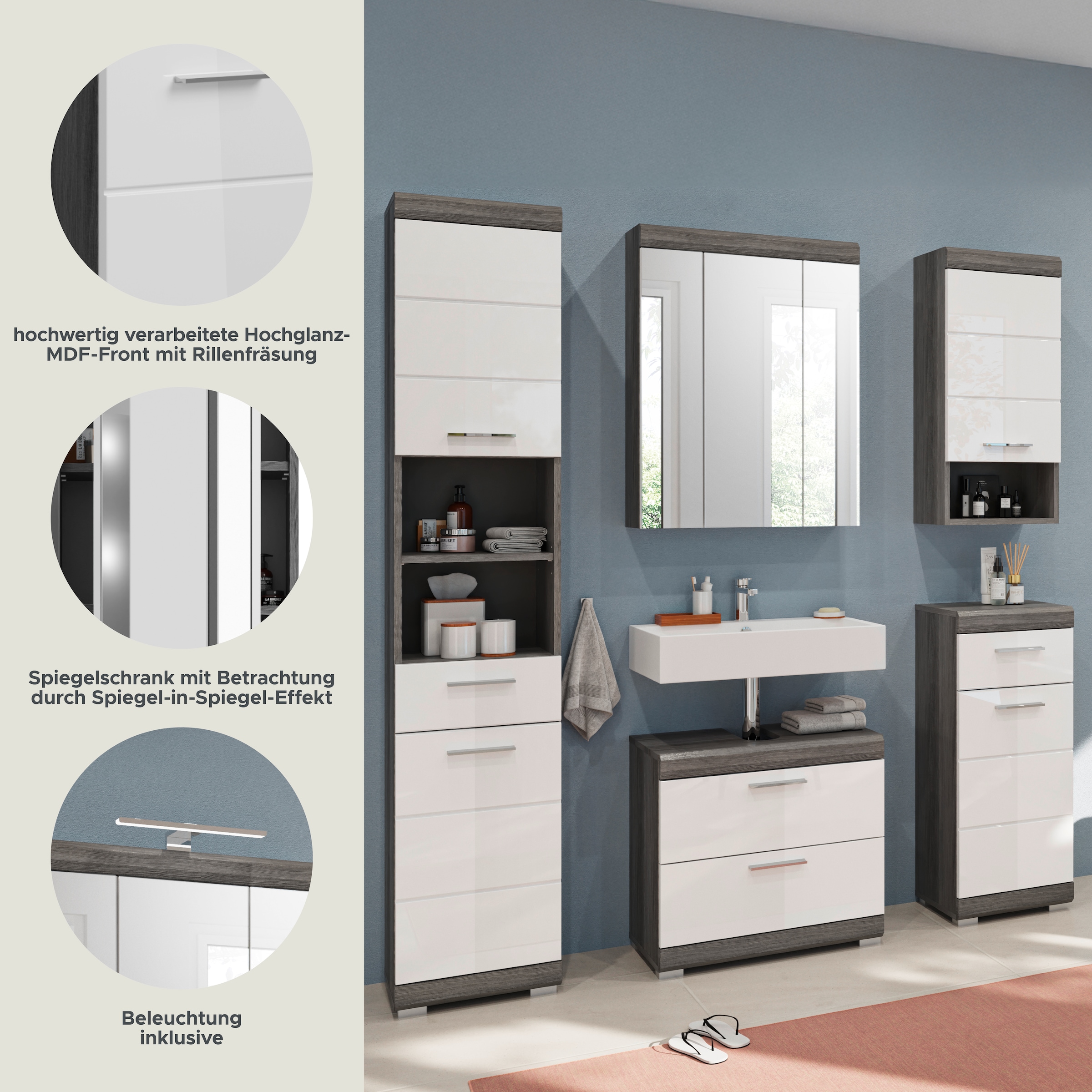 INOSIGN Badmöbel-Set »Siena, 5 teilig, bestehend aus:«, (Set, 5 St.), Hochschrank, WBU, Spiegelschrank, Unterschrank, Hängeschrank