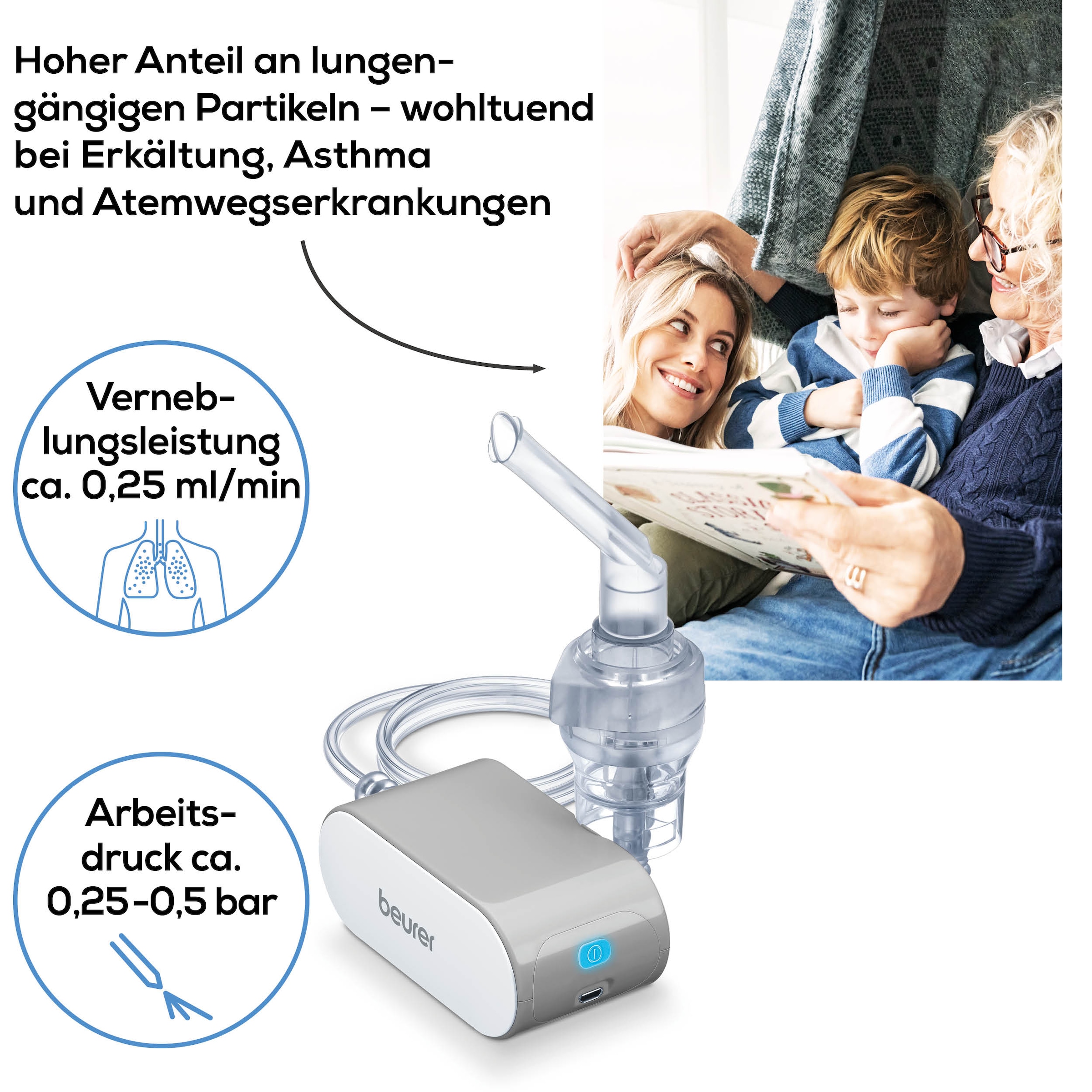 BEURER Inhalationsgerät »IH 58 für entspannte Anwendungen durch flüsterleisen Betrieb«, Effektive Verneblung mittels DC Kompressor-Drucklufttechnologie