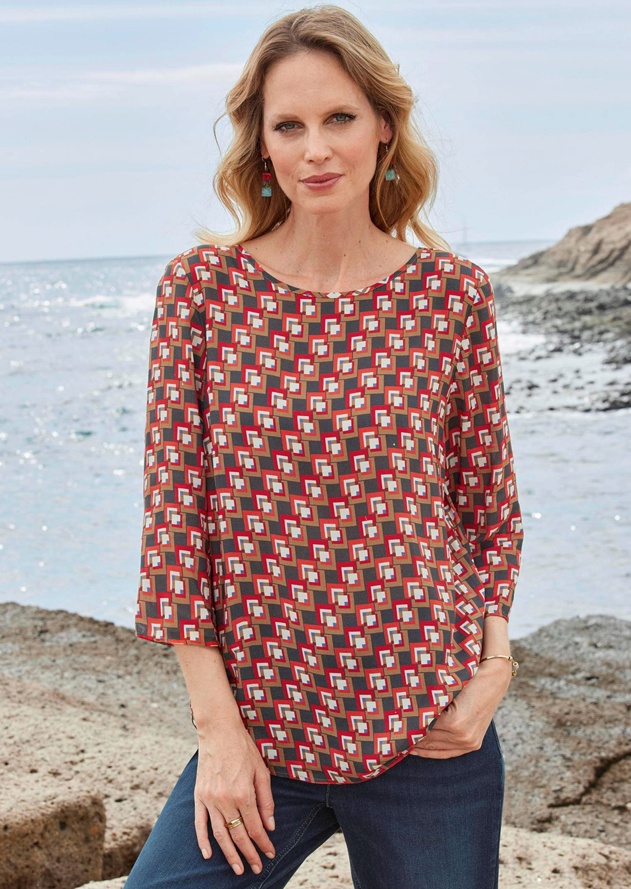 GOLDNER Schlupfbluse »Bluse 3/4-Arm mit grafischem Druck«