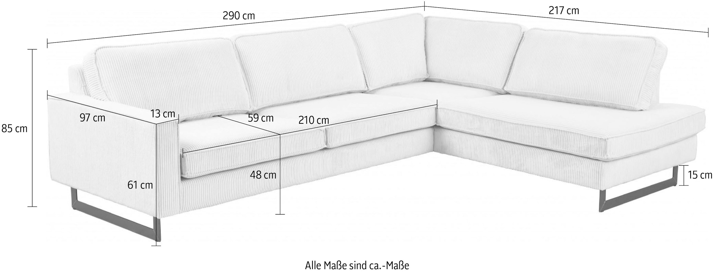 Places of Style Ecksofa »Pinto, 290 cm, Cord, Chenille, Lederoptik, Ottomane links / rechts«, mit Keder, schwarze Metallfüße, Wellenunterfederung