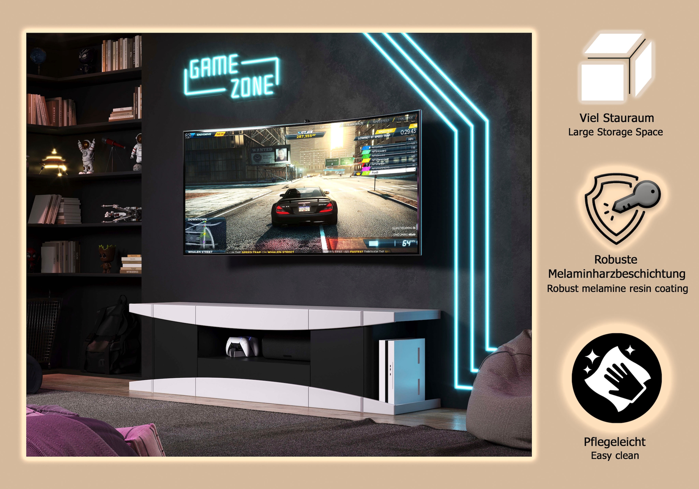 Home affaire Lowboard »NextLevel speziell geeignet für Spielekonsolen« Gaming-Lowboard wahlweise mit Beleuchtung - (B/T/H) 180/42/52 cm