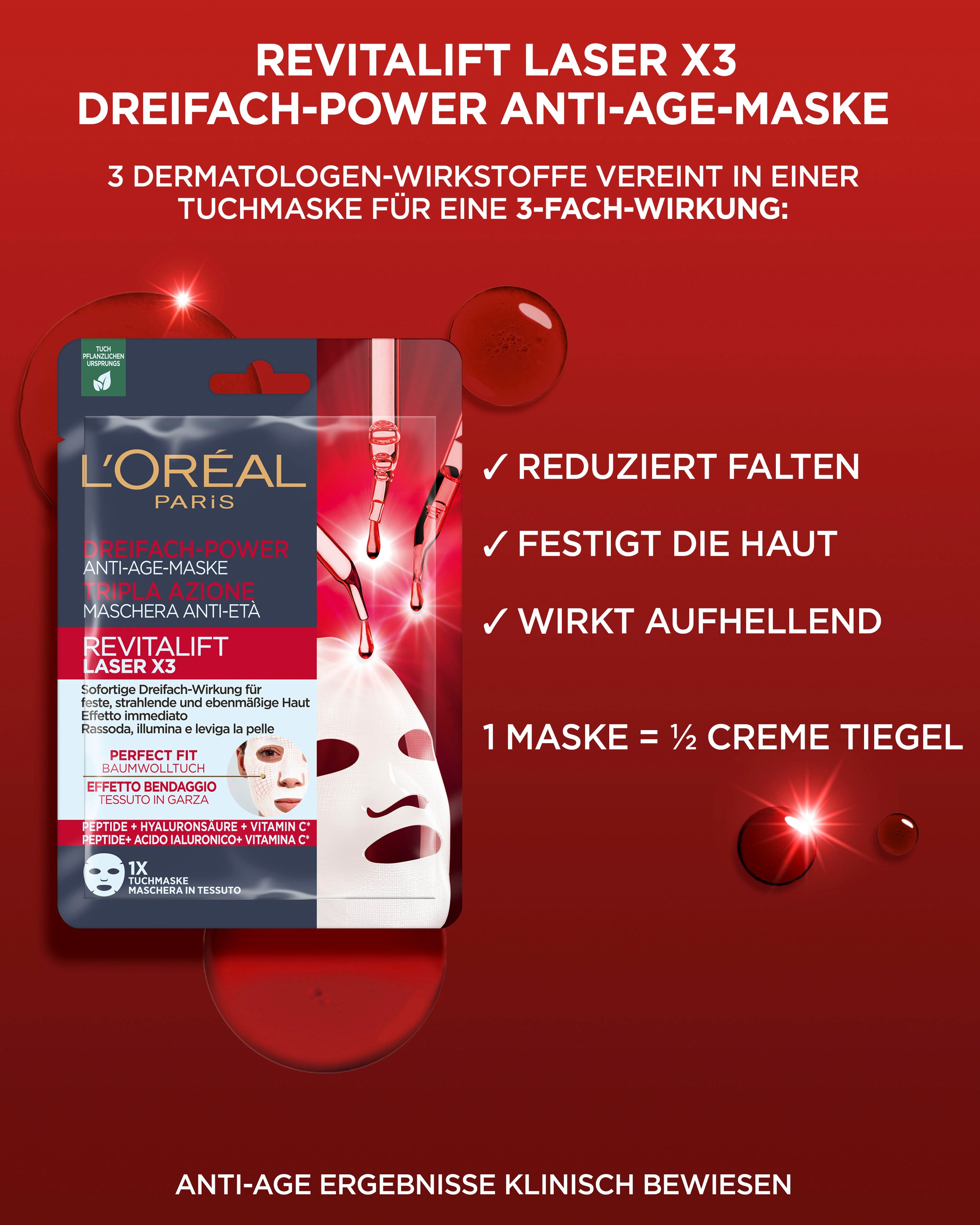 L'ORÉAL PARIS Gesichtsmaske »Set: 5x Revitalift Laser Tuchmasken«, mit hoher Wirksamkeit