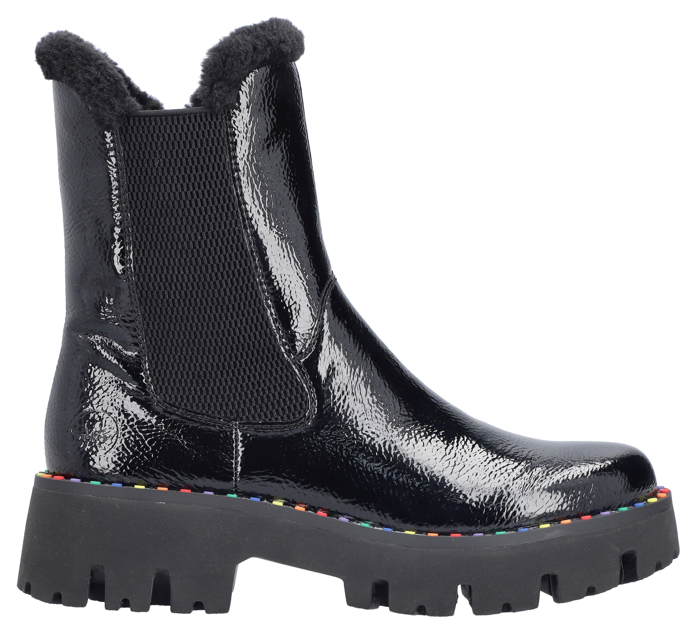 Rieker Winterstiefelette  Plateauboots, Winterboots, Lack-Stiefelette mit buntem Sohlenrand