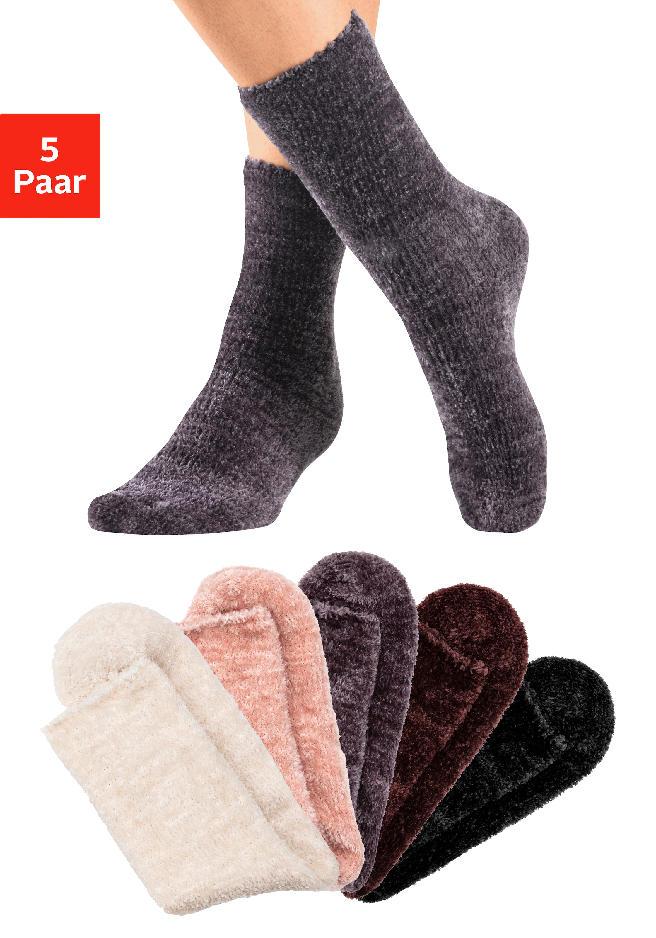 Lavana Kuschelsocken »Bettsocken«, (Packung, 5 Paar), mit weichem, leicht glänzendem Chenillegarn