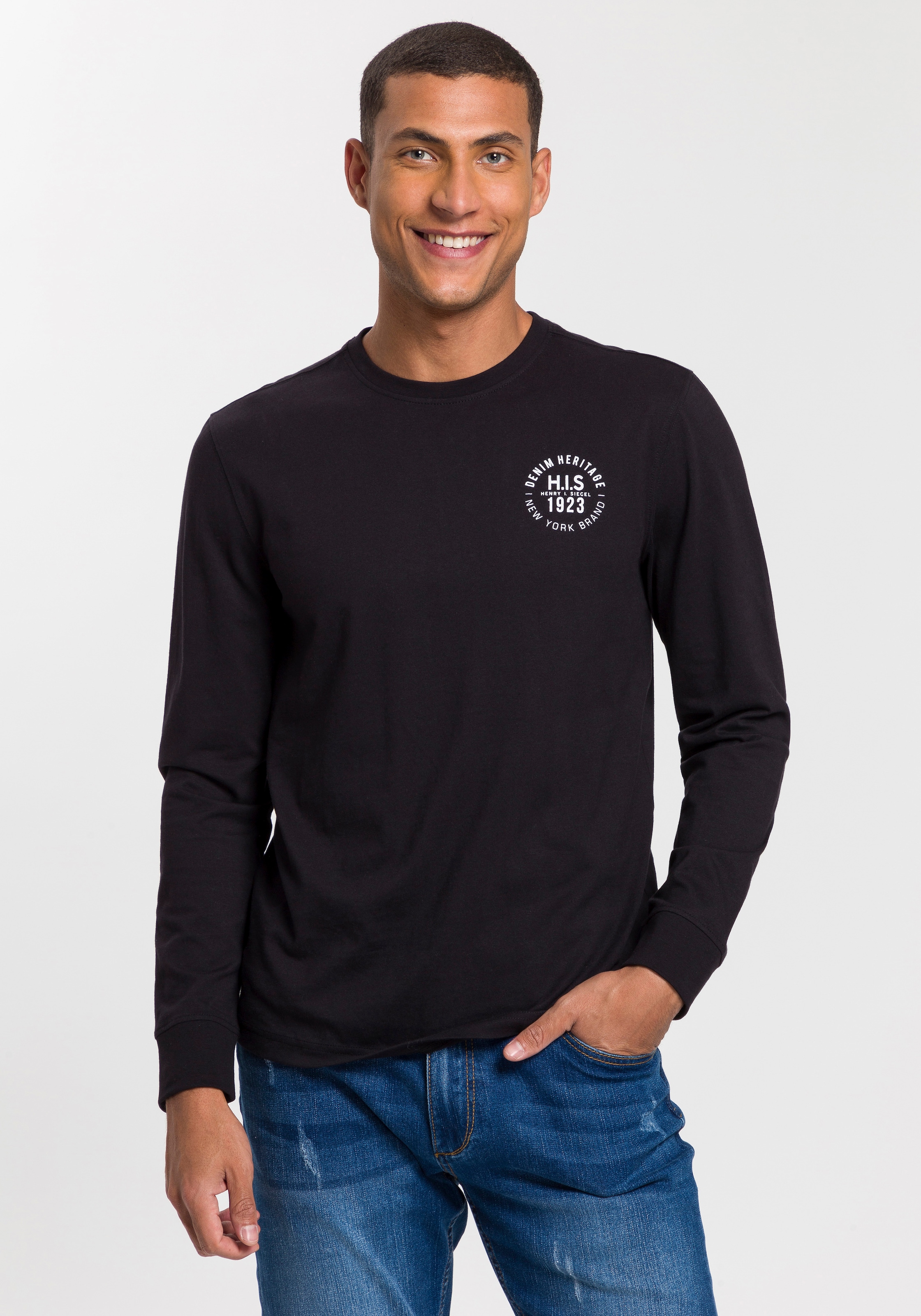 H.I.S Langarmshirt, (Packung, 2 tlg., 2er-Pack), Langarm, bedruckt, Rundhalsausschnitt, aus 100% Baumwolle