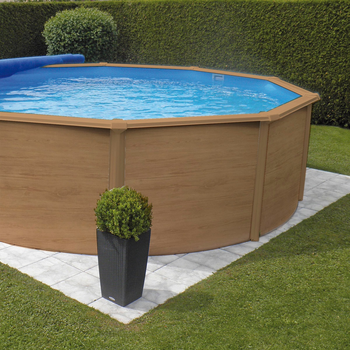 KWAD Rundpool »Wood Design CABRIO DOME inkl. Abdeckung zum Schutz des Wassers«, (Set, 5 tlg.), 5-tlg., Höhe: 132cm, sandfarbene Innenfolie, inkl. Sicherheitsleiter