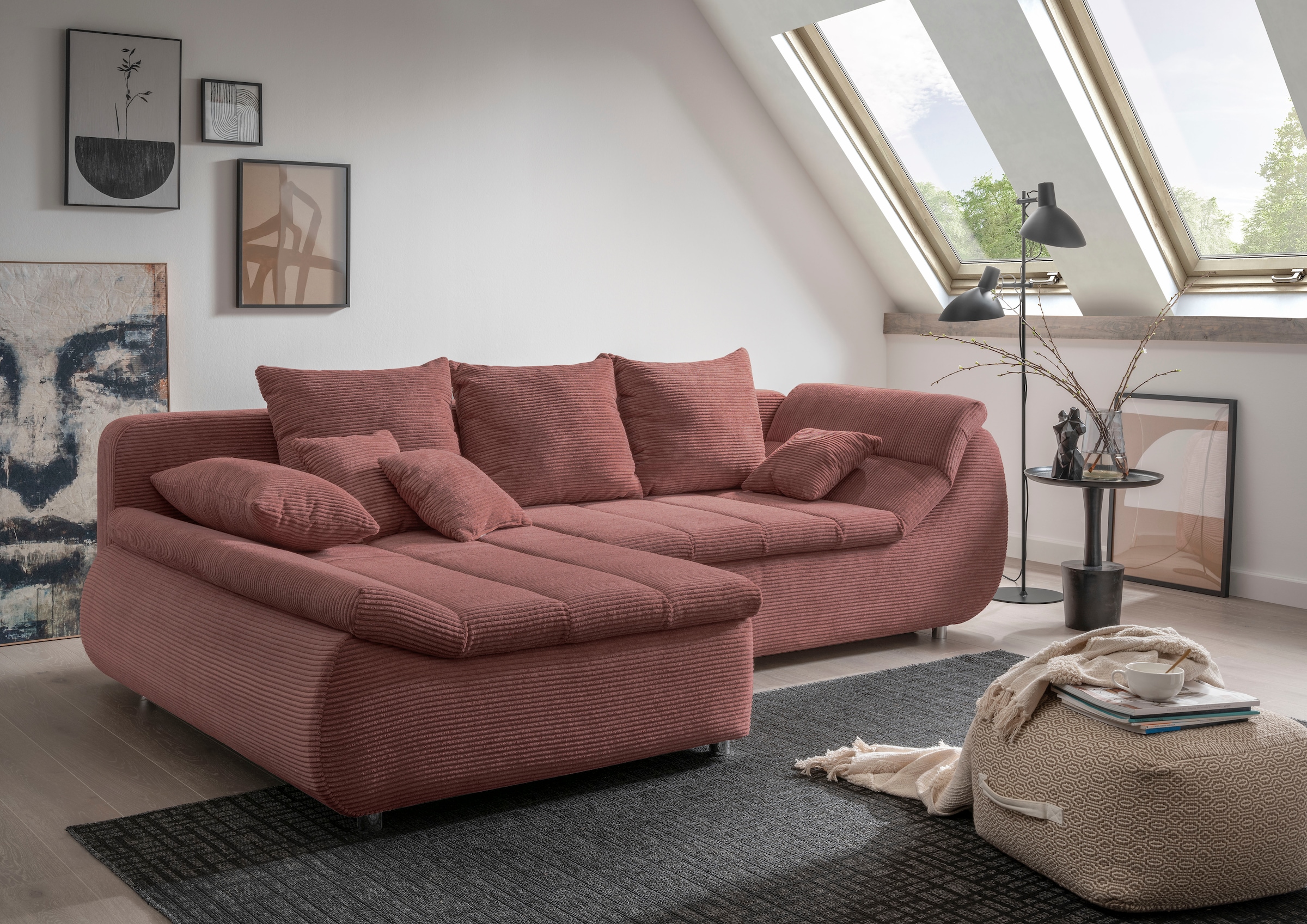 INOSIGN Ecksofa »Imola elegant und bequem, aktuelle Steppung im Sitz, L-Form«, wahlweise mit Bettfunktion