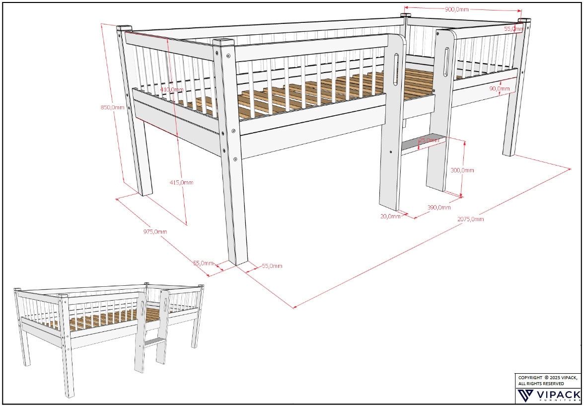 Vipack Massivholzbett »Forrest Massivholzbett Made in Europe, stabil und hochwertig gebaut« 90/200 cm, mit Rollrost und Leiter, seitenverkehrt montierbar,  inkl. umlaufenden Absturzschutz in Sprossenoptik, Eiche natur geölt