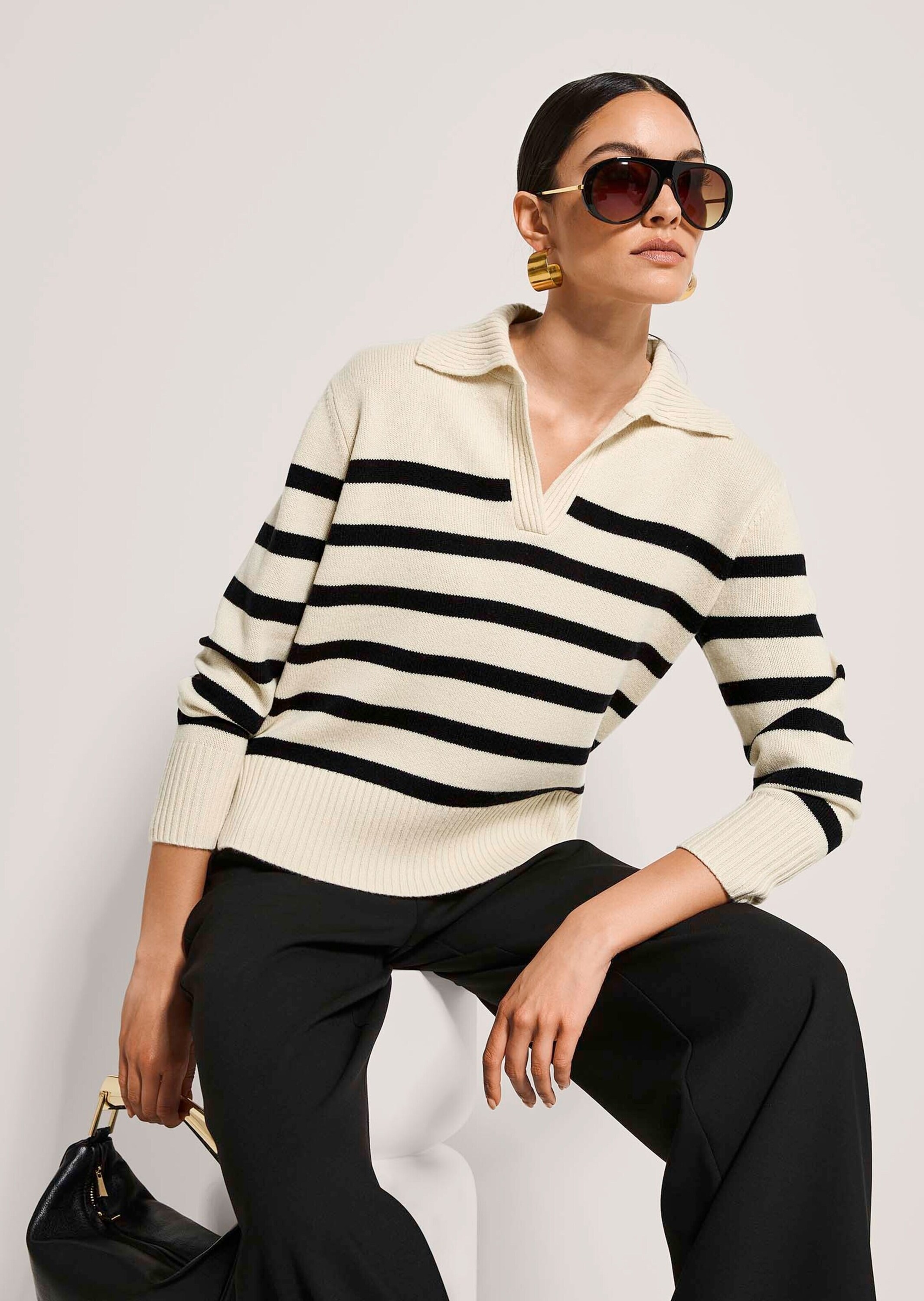 MADELEINE Longpullover »Strickpullover Sommerpullover im Streifen-Look« Polokragen mit V-Ausschnitt