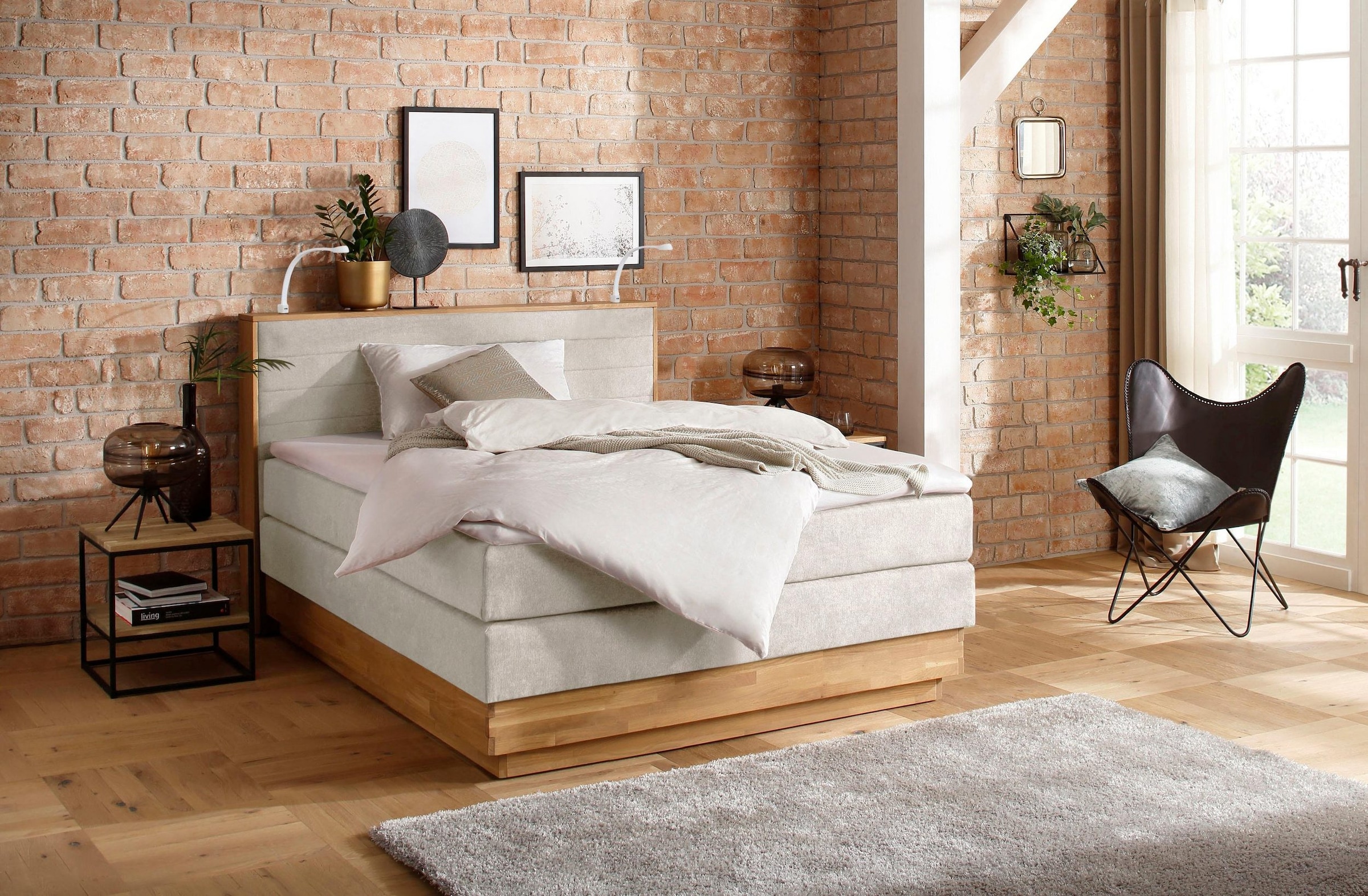 Home affaire Boxspringbett »CAVAN, mit Bettkasten, inkl. 7-Zonen-TTFK-Matratze H2-H4 und Topper« aus Massiveiche, Microfaser- oder Strukturstoff, 160/180/200cm x 200cm