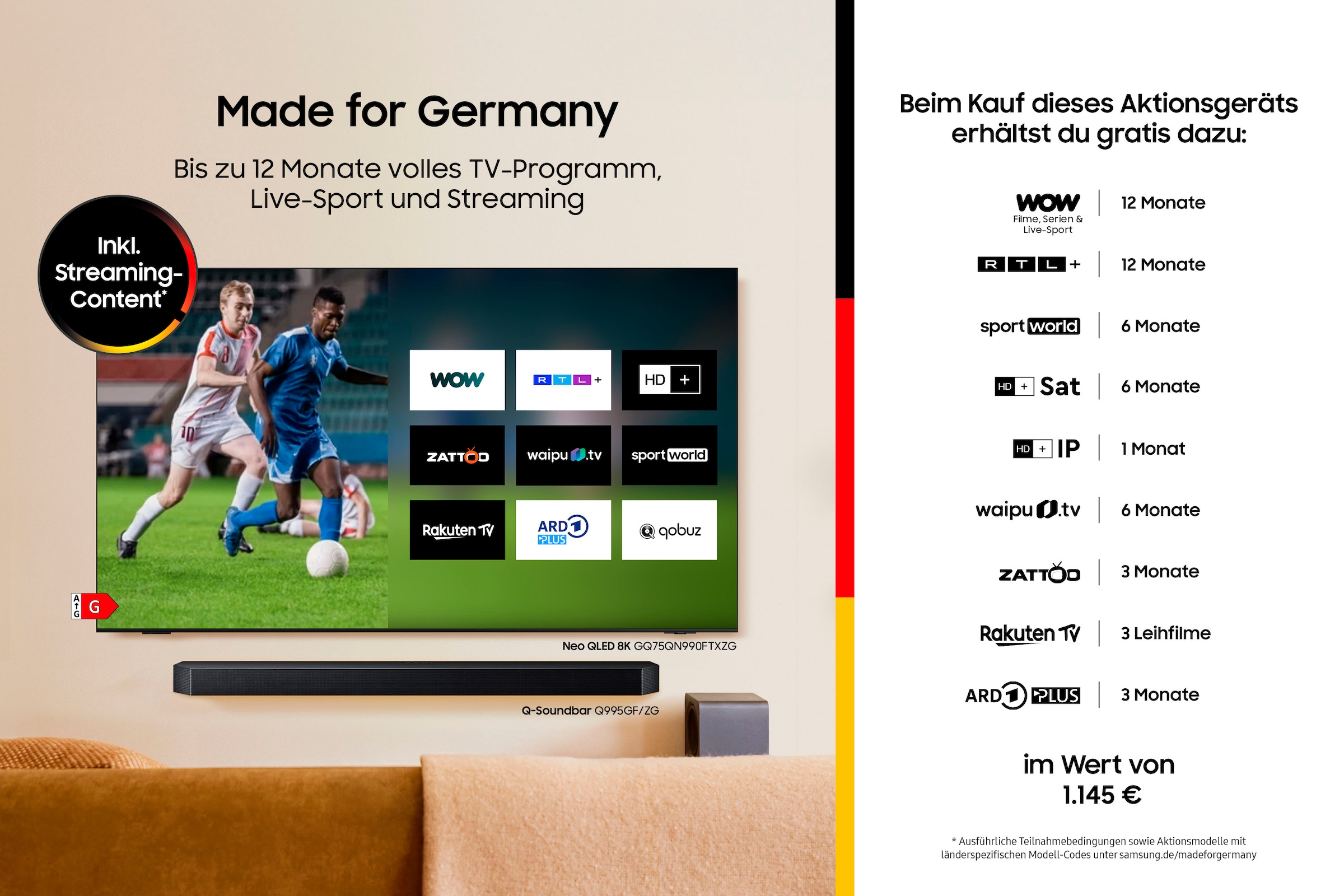 Samsung QLED-Fernseher »GQ65QN990FT« 163 cm/65 8K Ultra HD Smart-TV 8K AI Upscaling Pro & Glare Free, Wireless One Connect Box, Art Store