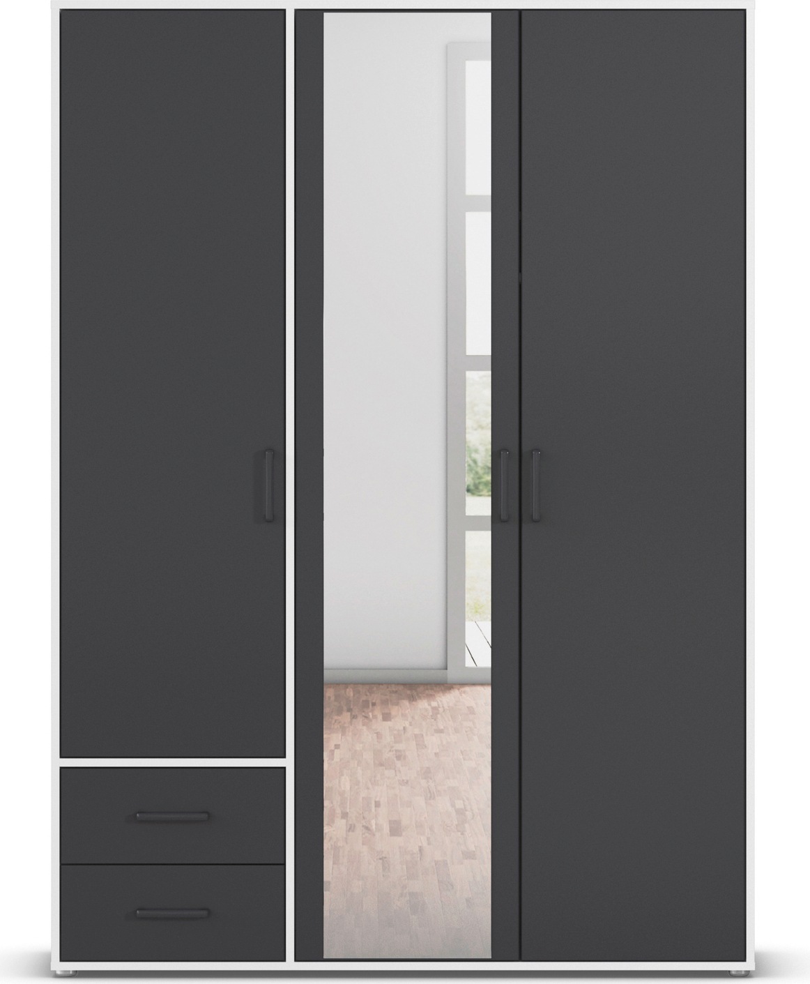 rauch Drehtürenschrank »Kleiderschrank Schrank Garderobe Wäscheschrank VOYAGER« in 3 verschiedenen Ausstattungen BASIC/CLASSIC/PREMIUM,  mit modernen Griffen in Graumetallic, inkl. Schubkästen und Spiegel