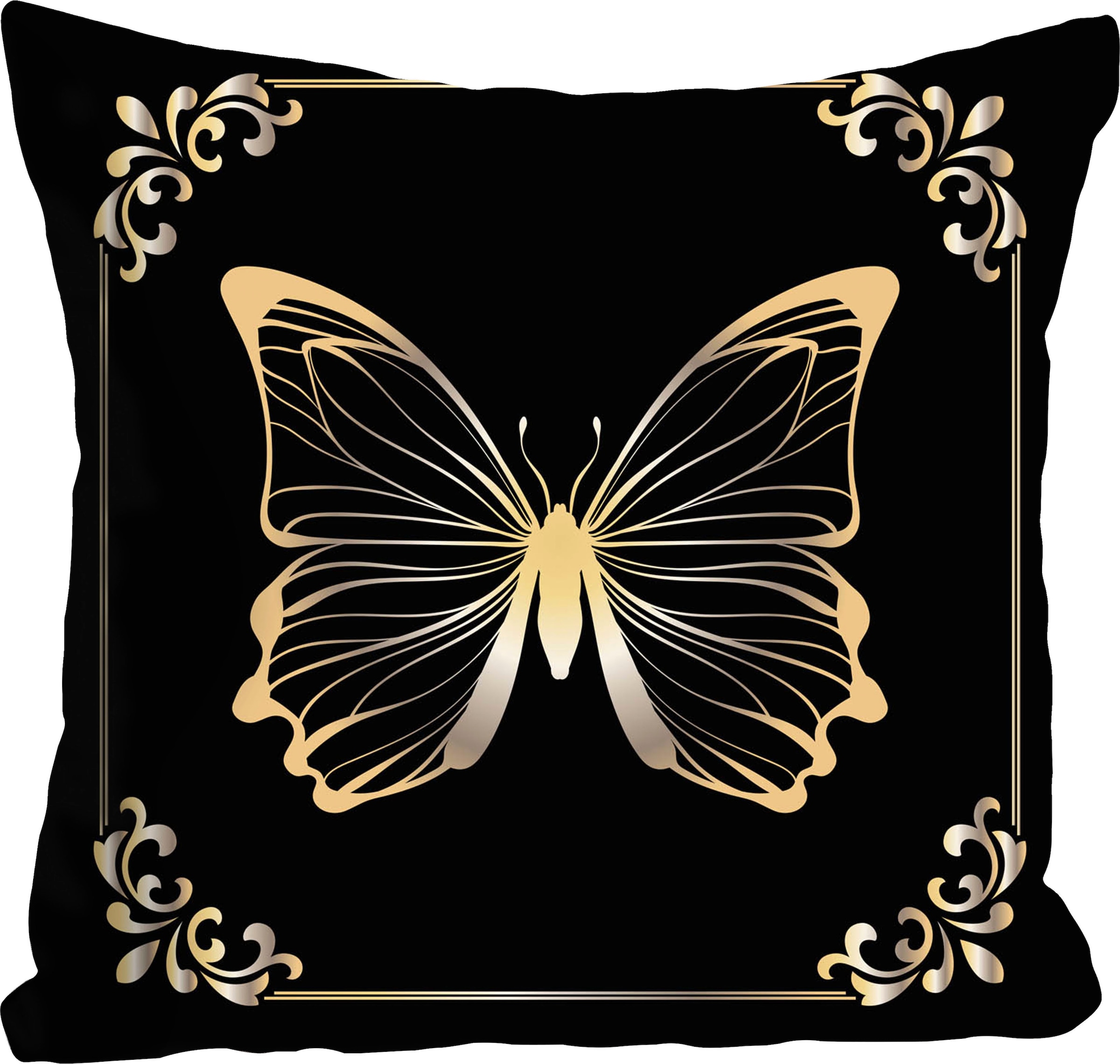 queence Dekokissen »Pascal«, Kissenhülle,Schwarzer Hintergrund,Goldener Schmetterling,Eleganz