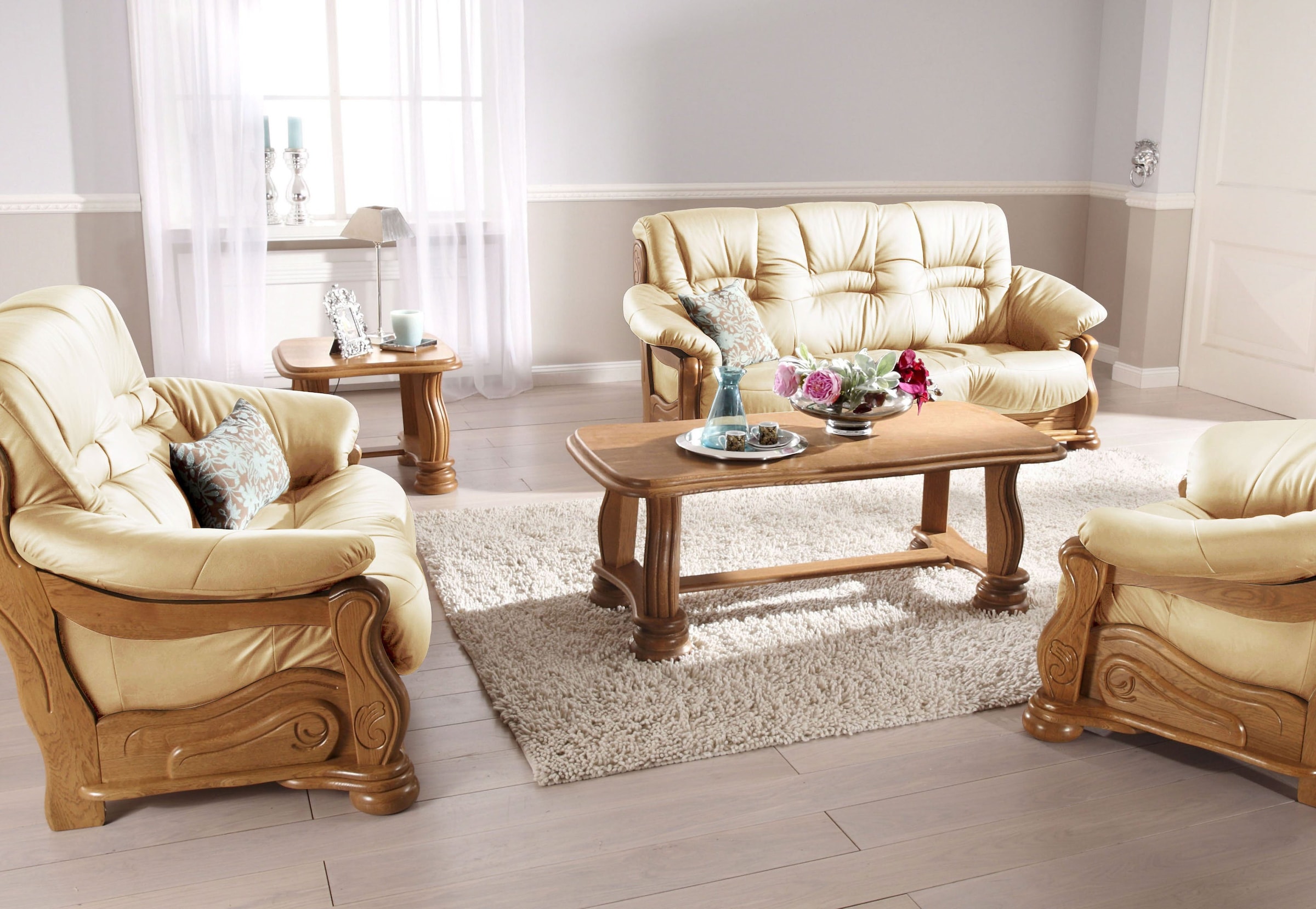 Max Winzer® Polstergarnitur »Texas Set besehend aus 2er- und 3er-Sofa, bequeme legere Polsterung« mit dekorativem Eichenholzgestell, Retro Klassiker