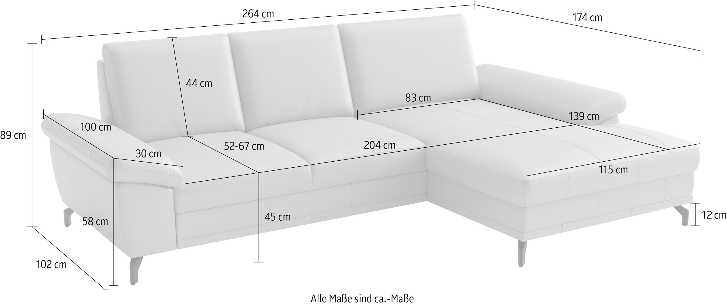 sit&more Ecksofa »Chelsea L-Form, B: 264 cm, Leder, inkl. Sitztiefen-&Armteilverstellung« optional mit Schlaffunktion und Bettkasten