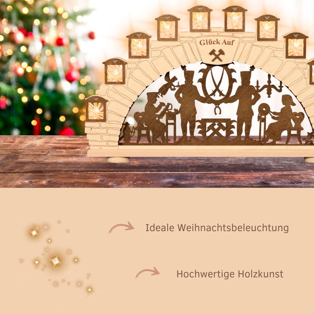 Weigla LED Schwibbogen »Erzgebirge, Bergmann, Lichterbogen aus Holz, NATUR-BRAUN«, Erzgebirge garantiert, Weihnachtsdeko Innen, Weihnachtsbeleuchtung