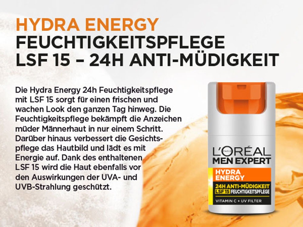 L'ORÉAL PARIS MEN EXPERT Gesichtsgel »Hydra Energy 24H Pflege LSF15«, mit Lichtschutzfaktor
