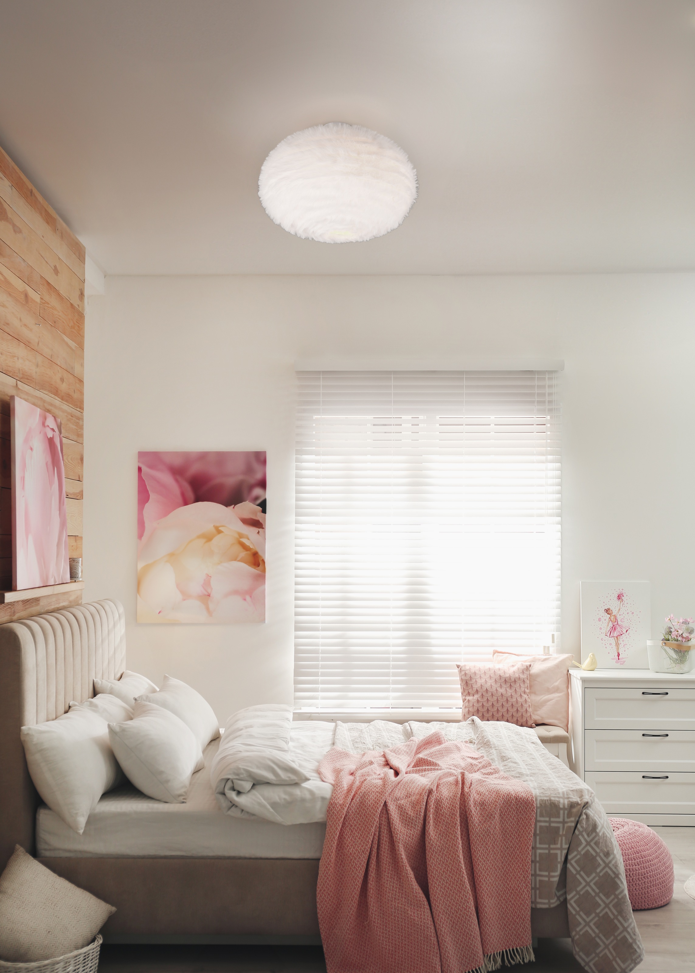 REALITY Leuchten Deckenleuchte »FURRY, E27 Deckenlampe mit Plüsch Lampenschirm Höhe 38 cm Ø 50 cm« E27 1 Stk. warmweiß - kaltweiß exkl 2xE27 max 10W, Plüsch Deckenlampe weiß Schlafzimmer Wohnzimmer