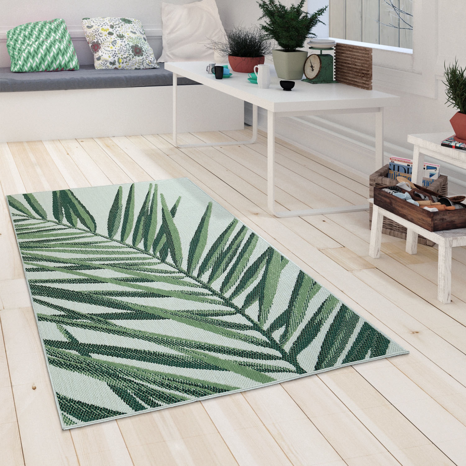Paco Home Teppich »Ostende 537«, rechteckig, 4 mm Höhe, Flachgewebe, Motiv Palmenblätter, In- und Outdoor geeignet, Wohnzimmer