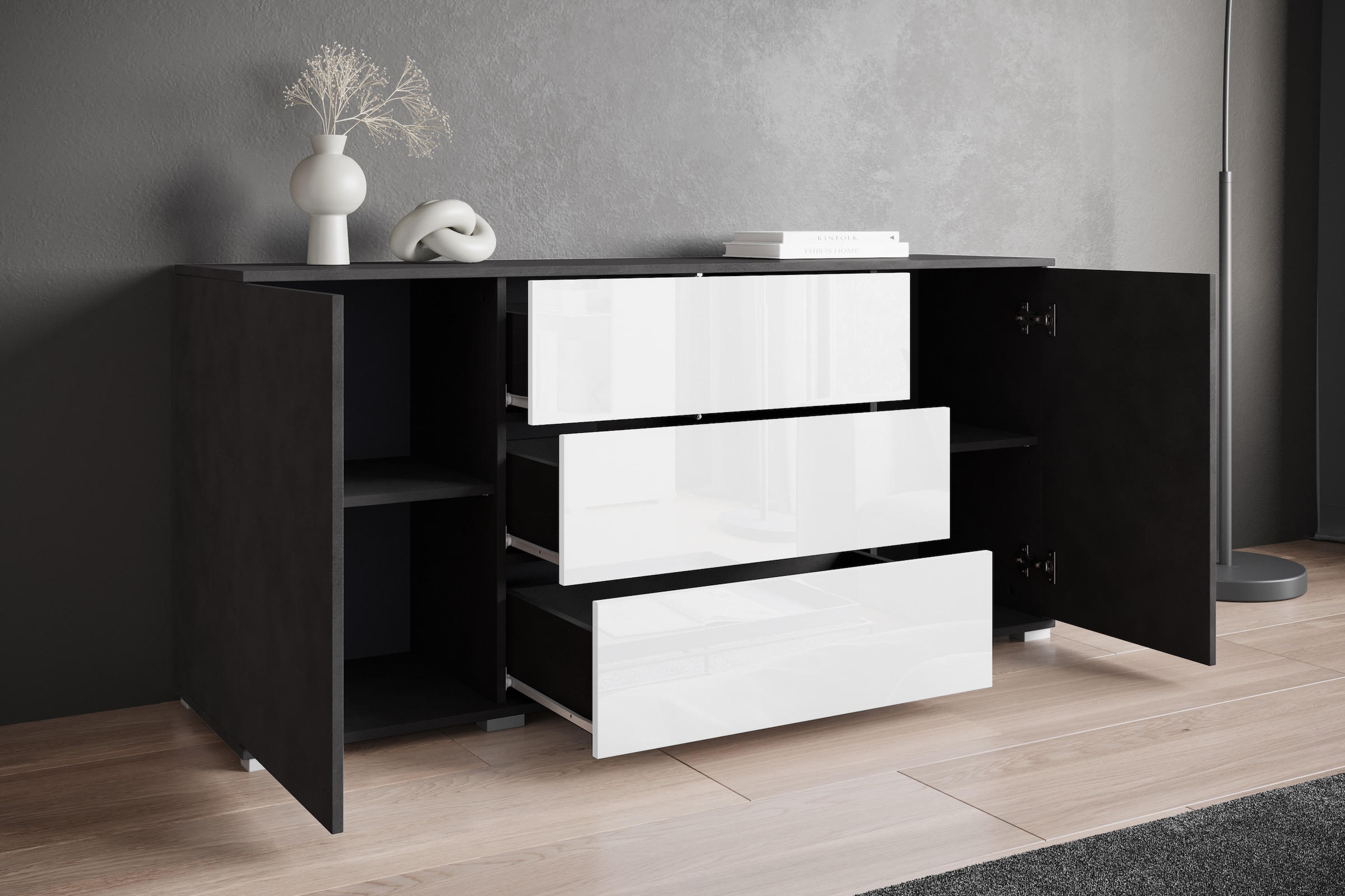 INOSIGN Sideboard »Kenia, Kommode für das Schlafzimmer/Wohnzimmer«, (1 St.), Modernes Sideboard mit 3 Schubladen und 4 Fächern, Breite 150 cm